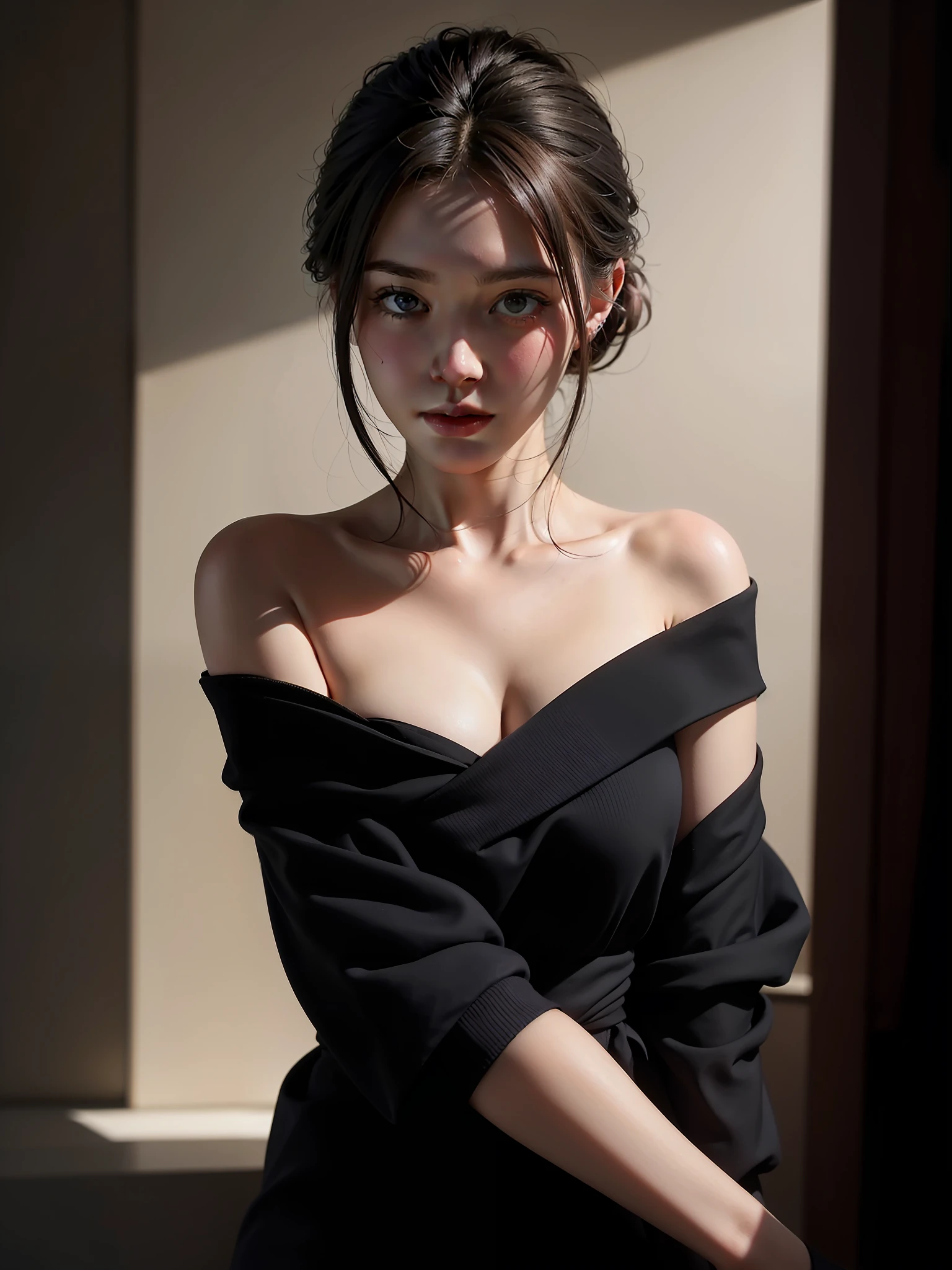 Best quality, masterpiece, ultra high res, (photorealistic:1.4), raw photo, 1girl, offshoulder, in the dark, deep shadow, low key, cold light