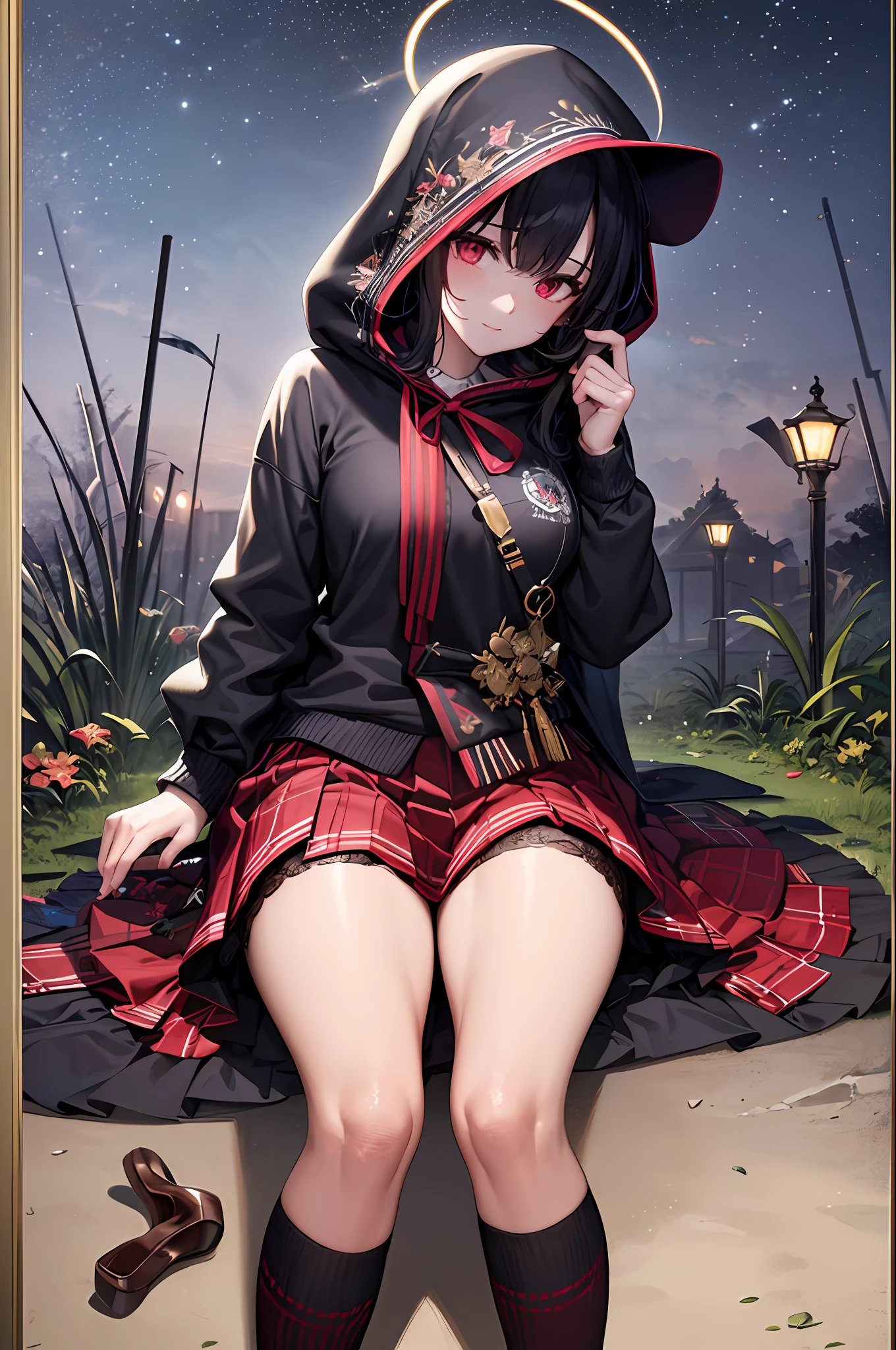 (masterpiece, top quality, best quality, official art, beautiful and aesthetic:1.2), extreme detailed,colorful,highest detailed ((ultra-detailed)), (highly detailed CG illustration), ((an extremely delicate and beautiful)),cinematic light, dark , night,  nlood on the ground,  creepy 
skirt, halo, blood, grass, hood, socks, kneehighs, blood on clothes, red skirt, guro, shoes, black hair, 1girl, pleated skirt, hood up, shirt, horror (theme), death, outdoors,