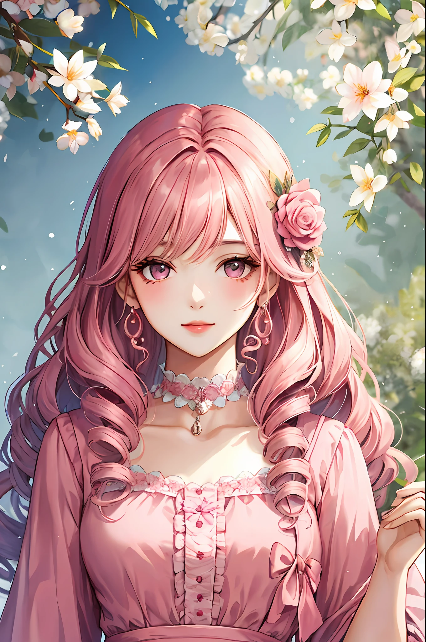Cute girl with curly hair, wearing a pink dress, a flower in her hand, upper body, fluffy, pink, high resolution, realistic human, anthropomorphic,