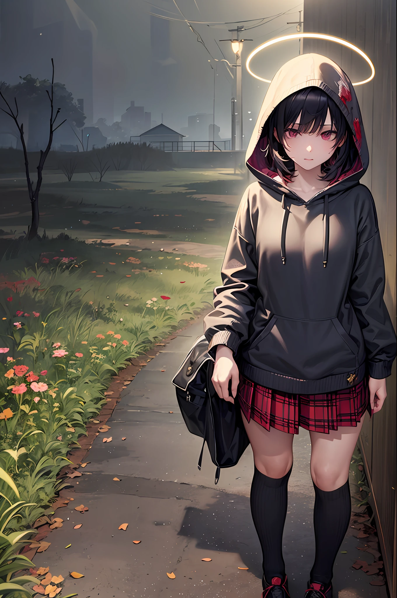 (masterpiece, top quality, best quality, official art, beautiful and aesthetic:1.2), extreme detailed,colorful,highest detailed ((ultra-detailed)), (highly detailed CG illustration), ((an extremely delicate and beautiful)),cinematic light, dark , night, nlood on the ground, creepy
skirt, halo, blood, grass, hood, socks, kneehighs, blood on clothes, red skirt, guro, shoes, black hair, 1girl, pleated skirt, hood up, shirt, horror (theme), death, outdoors,