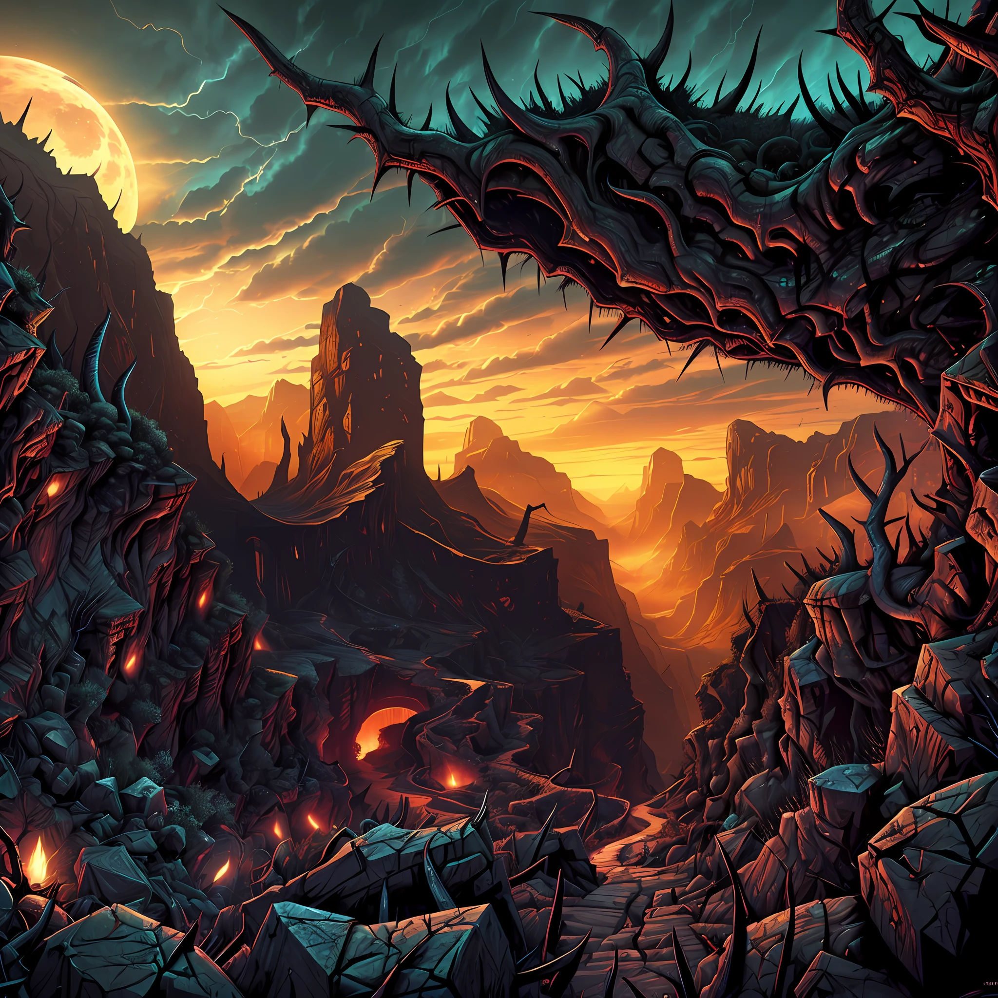 Dark horror landscape; Theme: Ruined canyons full of biomechanics; futuristic horror sites; barbed walls; Madness and frenzy; spikes and thorns; The illusion of the virtual engine.