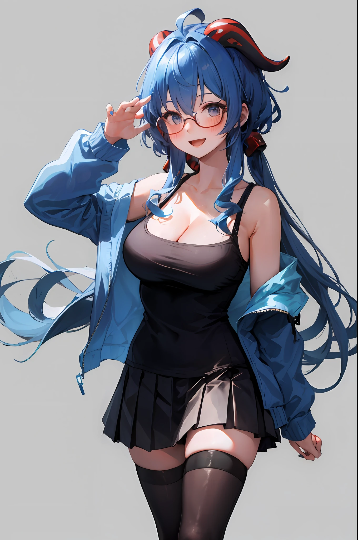 Ganyu, 1girl, solo, hip hop shirt, jacket, cool glasses, oversized t shirt, black thighhighs, breasts, cleavage, simple background, pleated skirt, hair between eyes, large breasts, long hair, looking at viewer, light blue hair, blue short nails, solo, thighhighs, thighs, long hair, ((masterpiece)), standing, sexy pose, blush, shy, smile, open mouth, white background, detailed hand, beautifull finger,