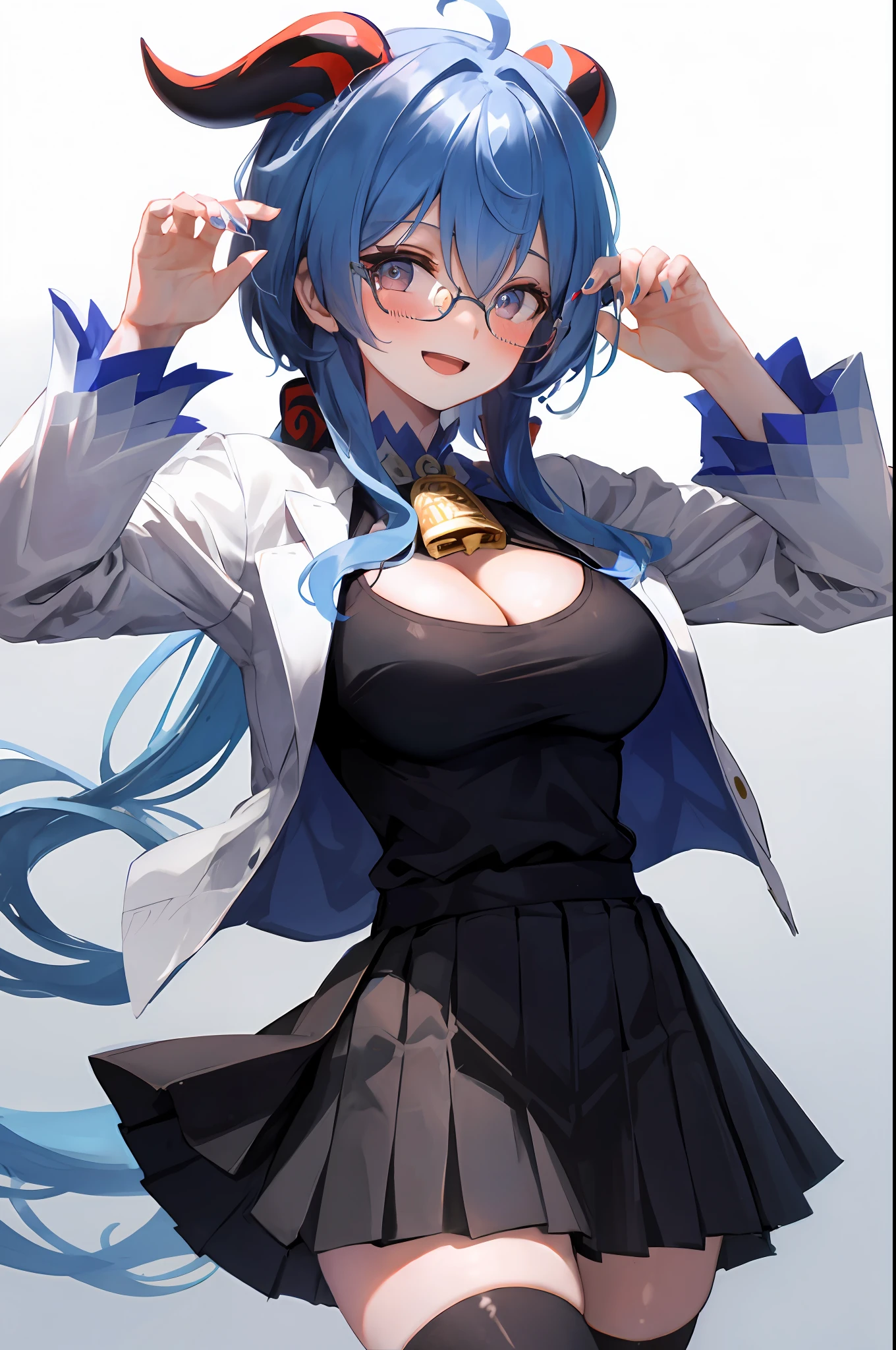 Ganyu, 1girl, solo, hip hop shirt, jacket, cool glasses, oversized t shirt, black thighhighs, breasts, cleavage, simple background, pleated skirt, hair between eyes, large breasts, long hair, looking at viewer, light blue hair, blue short nails, solo, thighhighs, thighs, long hair, ((masterpiece)), standing, sexy pose, blush, shy, smile, open mouth, white background, detailed hand, beautifull finger,