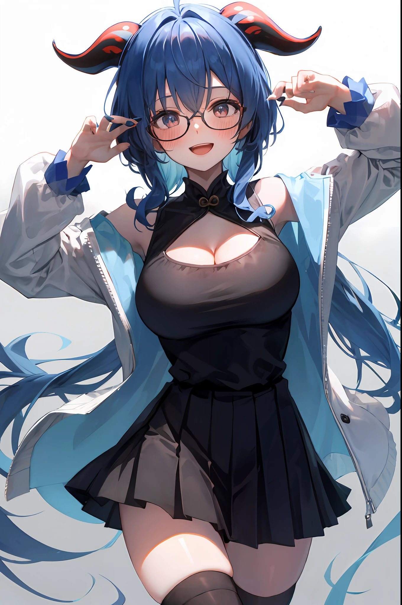 Ganyu, 1girl, solo, hip hop shirt, jacket, cool glasses, oversized t shirt, black thighhighs, breasts, cleavage, simple background, pleated skirt, hair between eyes, large breasts, long hair, looking at viewer, light blue hair, blue short nails, solo, thighhighs, thighs, long hair, ((masterpiece)), standing, sexy pose, blush, shy, smile, open mouth, white background, detailed hand, beautifull finger,