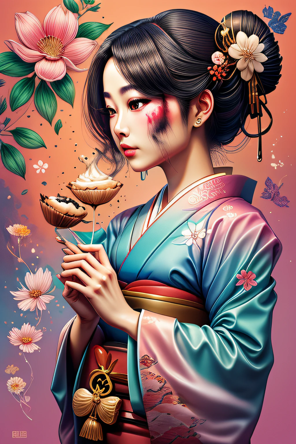 smudge art,cores pasteis(1geisha)drips,melt,flowers background
