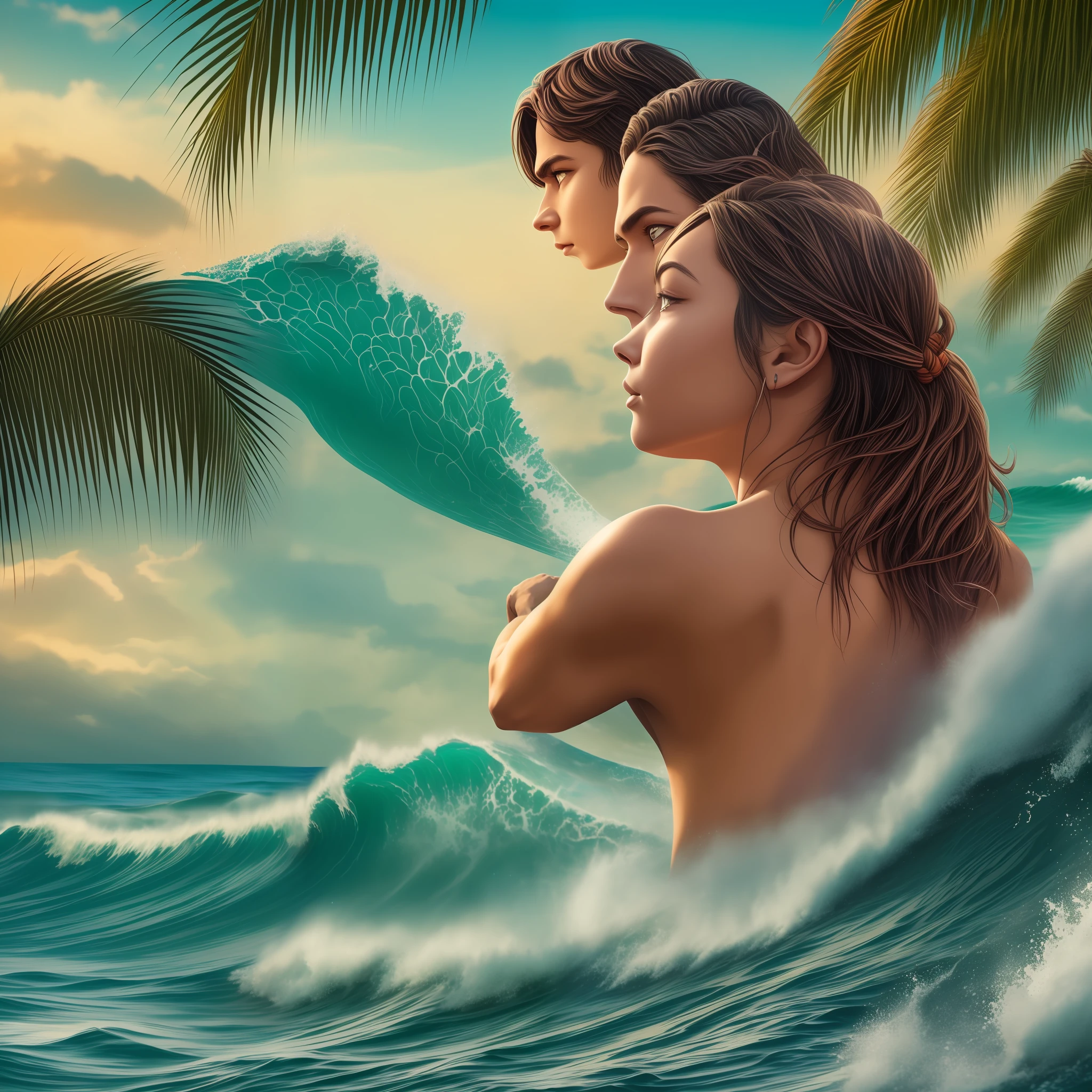 "at sunset, a male surfer in an orange bathing suit, running boards in big waves in the tropical sea and in the ((background of some palm trees))"., best quality, high quality, intricate details, ultra crisp, extremely detailed cg unity 8k wallpaper, chromatic aberration, extremely detailed, trending on artstation, trending on cgsociety, high detail, art by midjourney