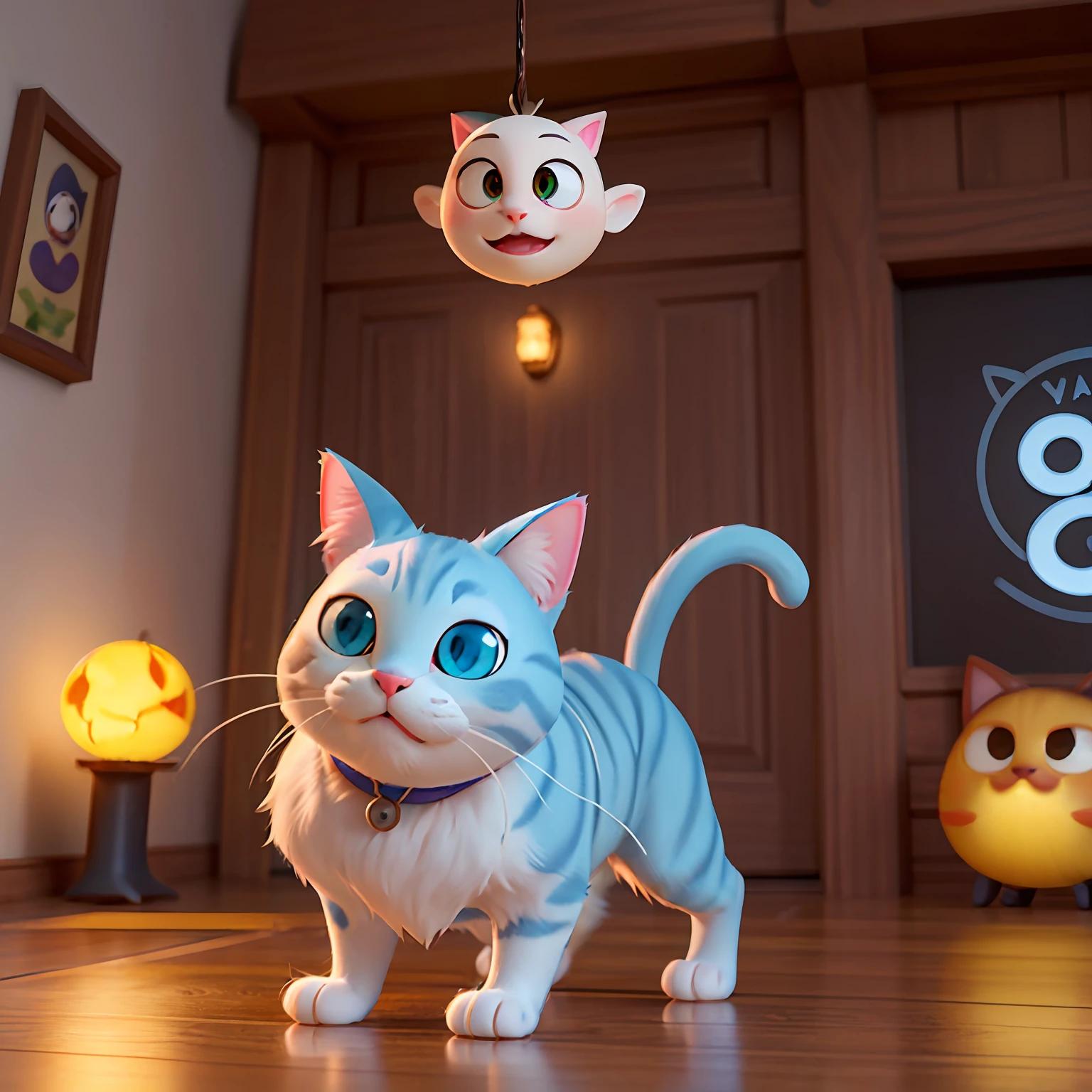adorable cute cat in pixar style, Disney style, pixar animation, character design, renderman, cozy lighting
