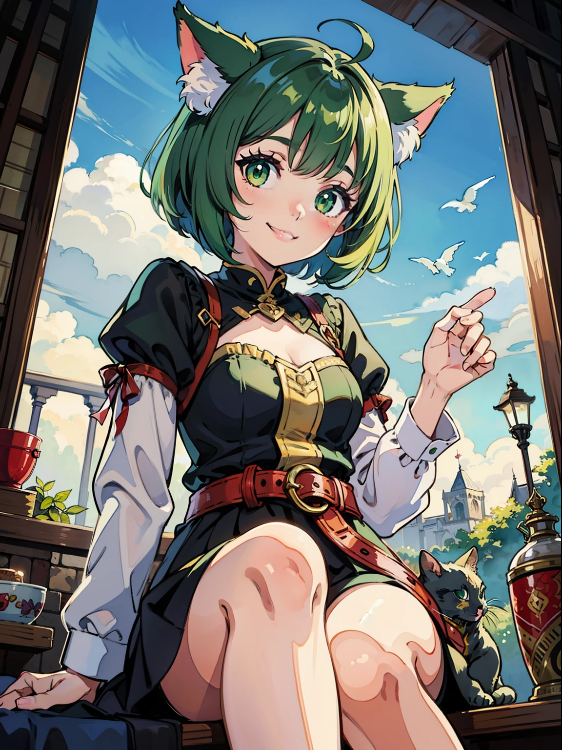 watercolor, cat girl, green short bob hair, green eyes, smile, fantasy