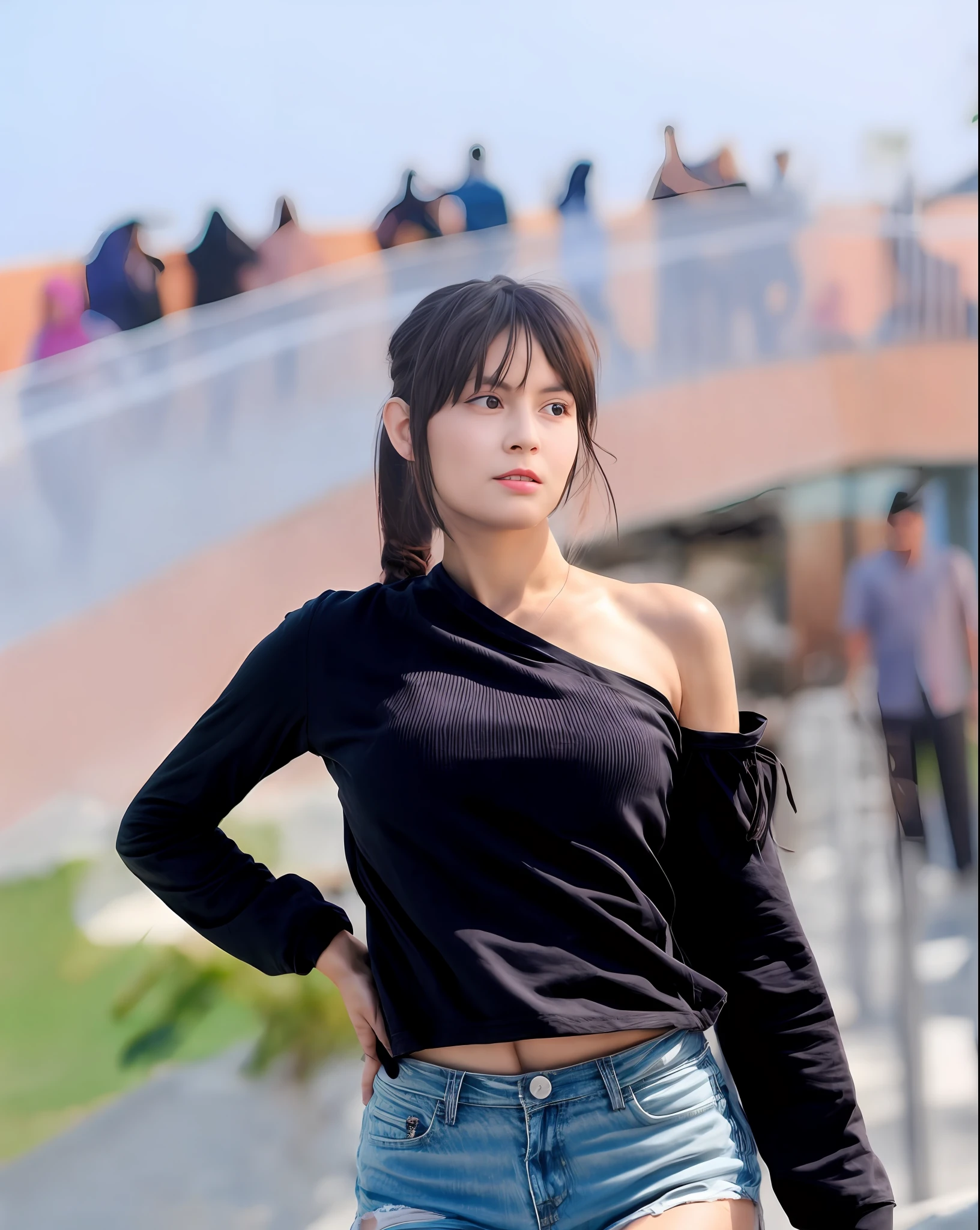 realistic, 1girl, ponytail, parted lips, blush, makeup, light smile, white hair, bikini, glow, thighs, purple eye, bare shoulders, collarbone, narrow waist, sunbeam, sunlight, rose, wind, cleavage, (masterpiece), sweat,
