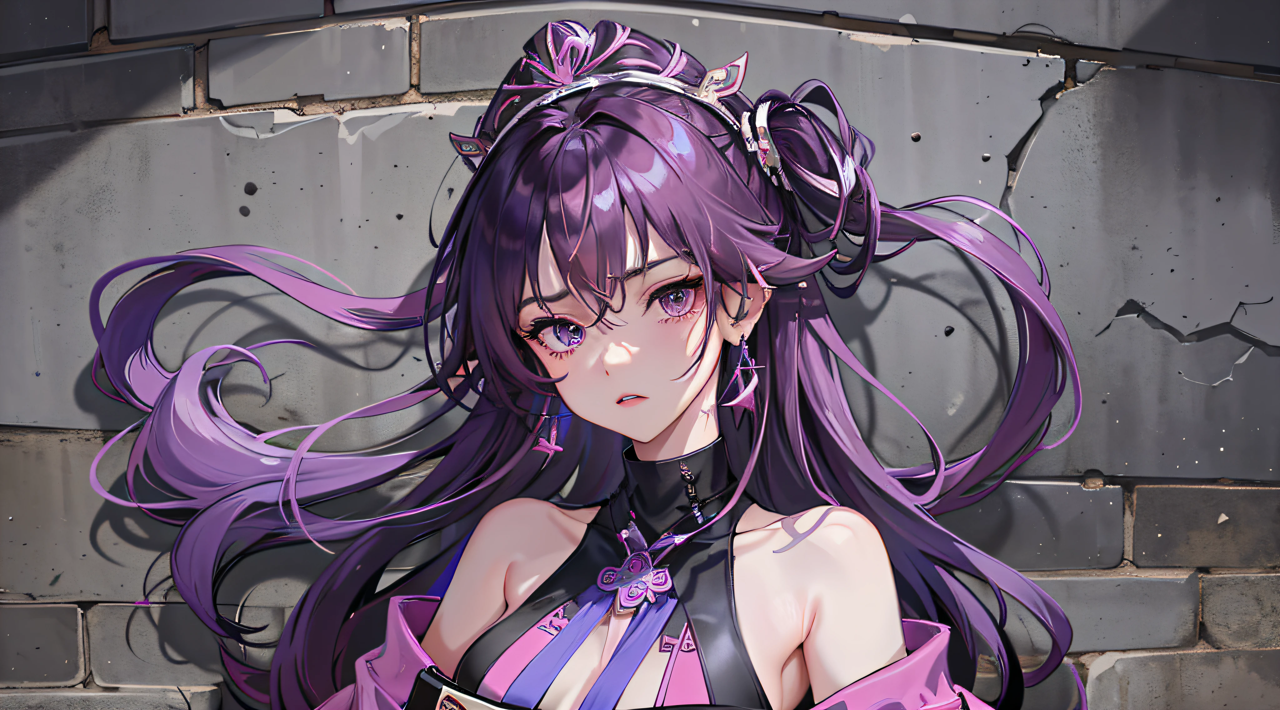 (Masterpiece, Excellent, 1girl, solo, complex details, chromatic aberration), realism, ((medium breath)), off-the-shoulder, big breasts, sexy, Yae Miko, long purple hair, blue headdress, red highlight, hair above one eye, purple eyes, earrings, sharp eyes, perfectly symmetrical figure, choker, neon shirt, open jacket, turtleneck sweater, against the wall, brick wall, graffiti, dim lighting, alley, looking at the audience, ((mean, seductive, charming))