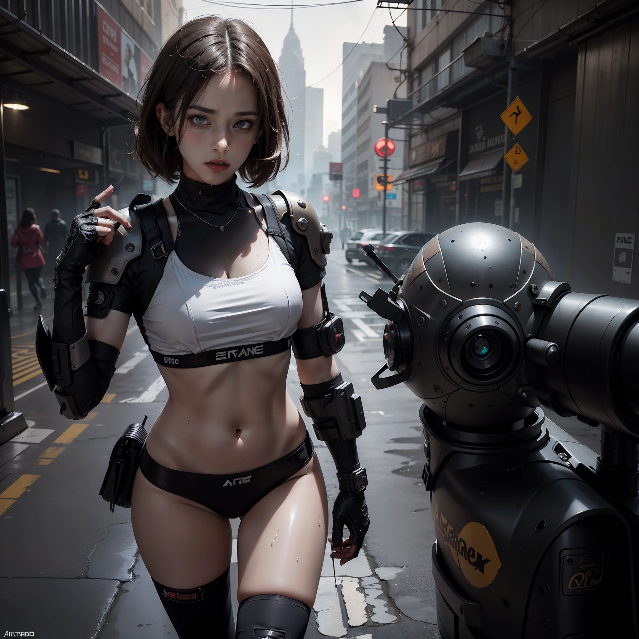 Athletic sexy princess, street angry, cyberpunk, epic realistic, photo, faded, complex stuff around, intricate background, soaking wet, neutral colors, ((((hdr)))), ((((muted colors)))), intricate scene, artstation, intricate details, vignette
