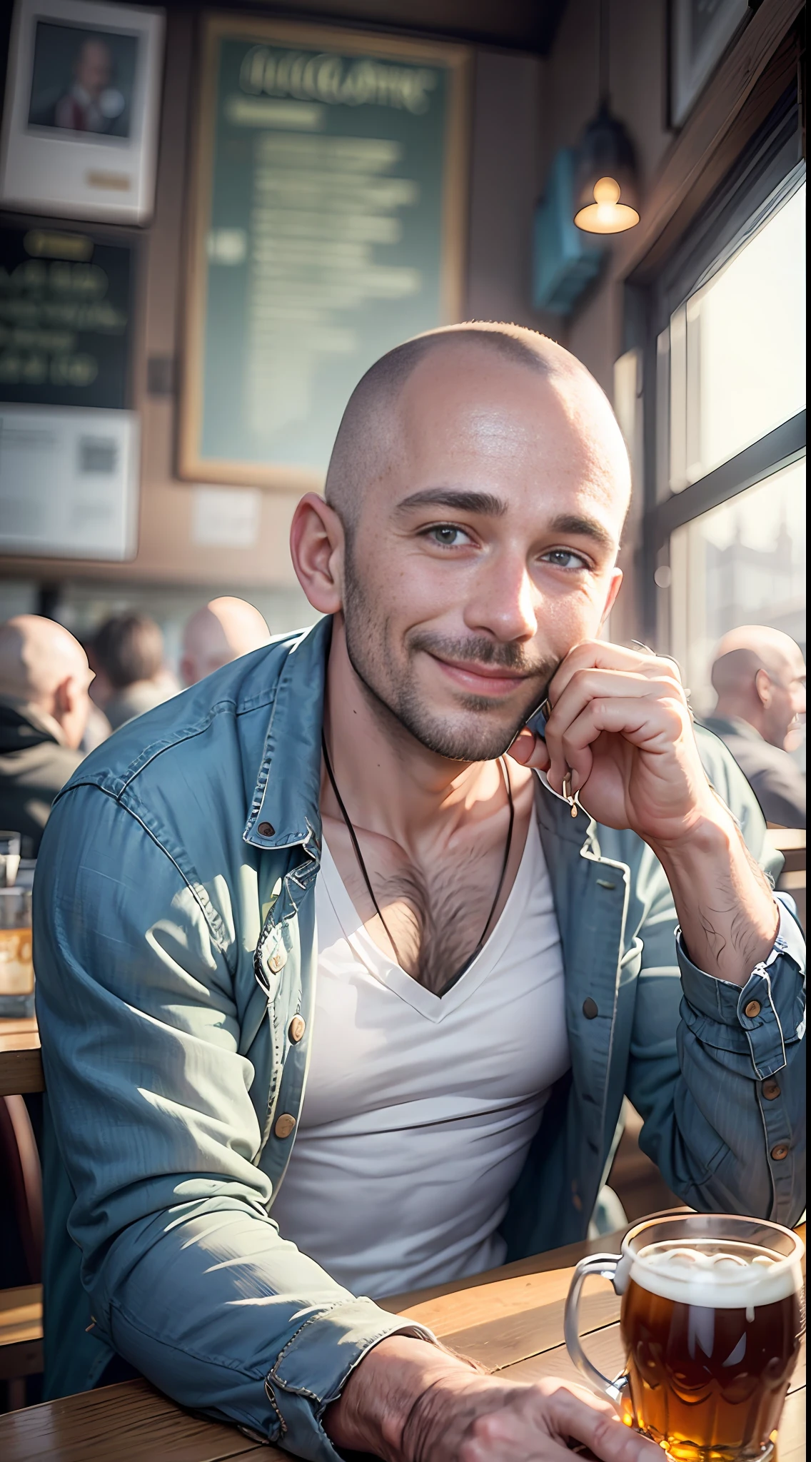 year 1970, British man in his 30s, drunken man, skinny guy, smiling, oval head shape, homeless, drinking at the London pub in 1970s, regular clothes, half bald, semi bald, clean shaven, black raincoat, brown sweater, regular fit jeans