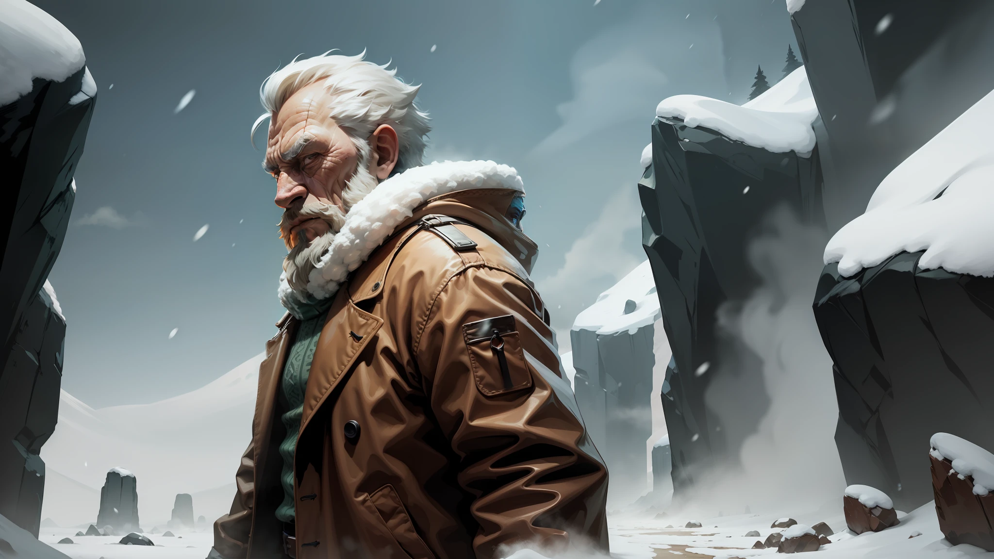 ((1man)) a muscular old man walking in a blizzard, side view, snow, ice age, wind, mist, rock hills, mwvector