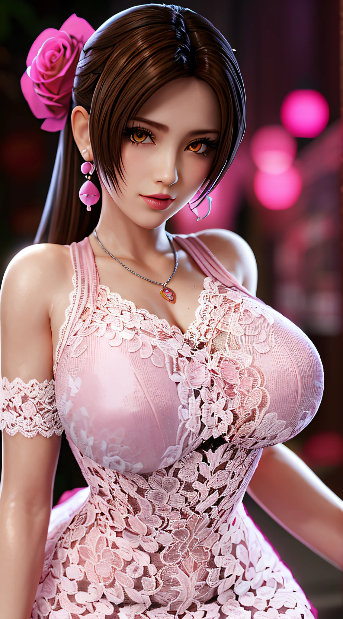 long shot,nighttime,(1girl),akiryo-mai ,Necklaces, earrings,Brownish red hair,Shy, blushing,see-through,(Pink Mini Lace Dress:1.6),(sweat:1.25), (Rose-tattoos :1.2) ,(((solo))),depth of field,(Masterpiece:1.5),(best quality:1.4),extremely detailed ,3D,Cinema-4D , 8k,Photorealistic ,( Charming female body), (gigantic breasts),Facing the camera, Pink lips,(((Finger details))),Subject centered,(((Extra hands))), (((extra legs))),