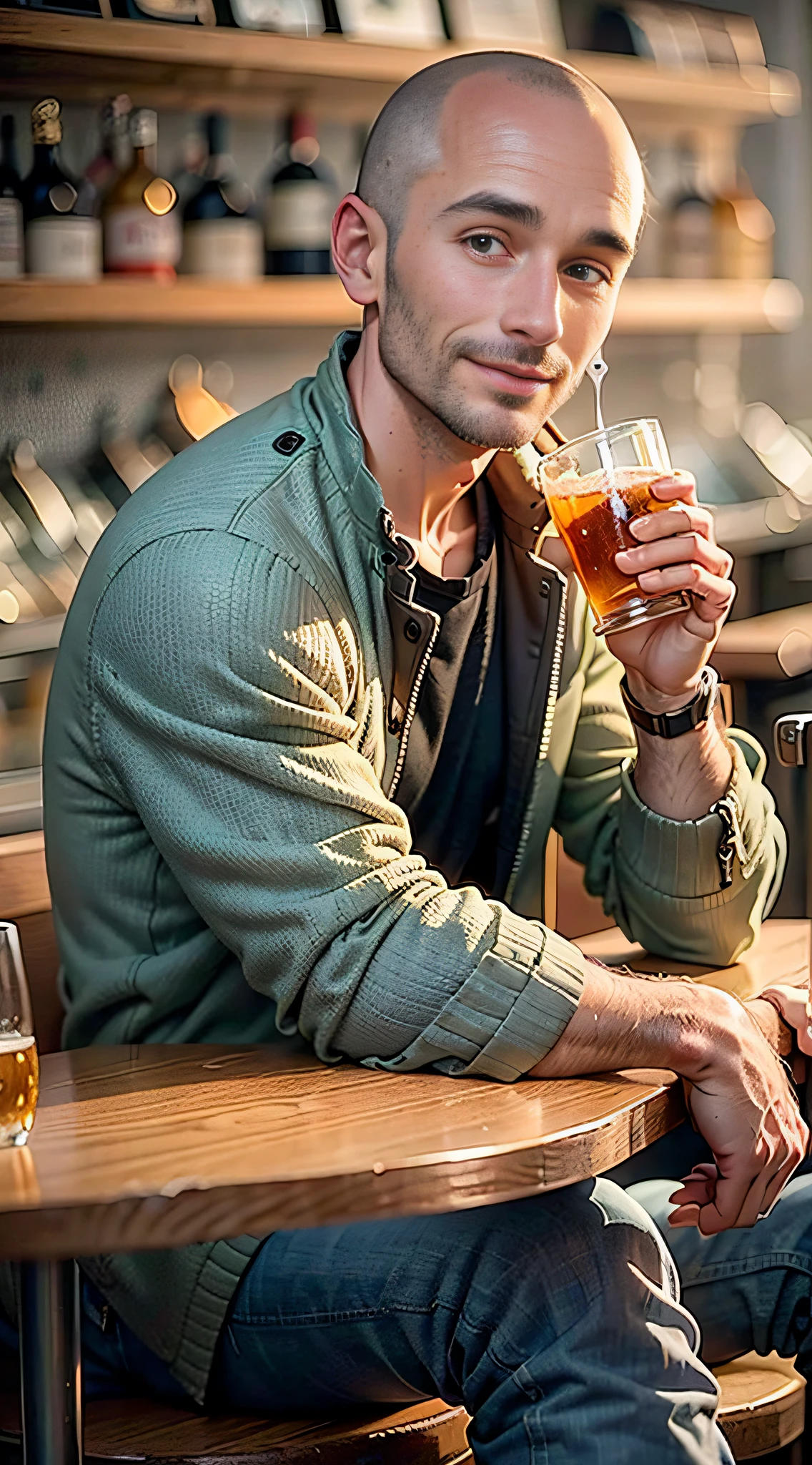 year 1970, British man in his 30s, semi bald, clean shaven, drunk, skinny, smiling lips closed, oval head, high cheekbones, scrawny face, black raincoat, brown sweater, undershirt, drinking at the London pub in 1970s, regular clothes, regular fit jeans
