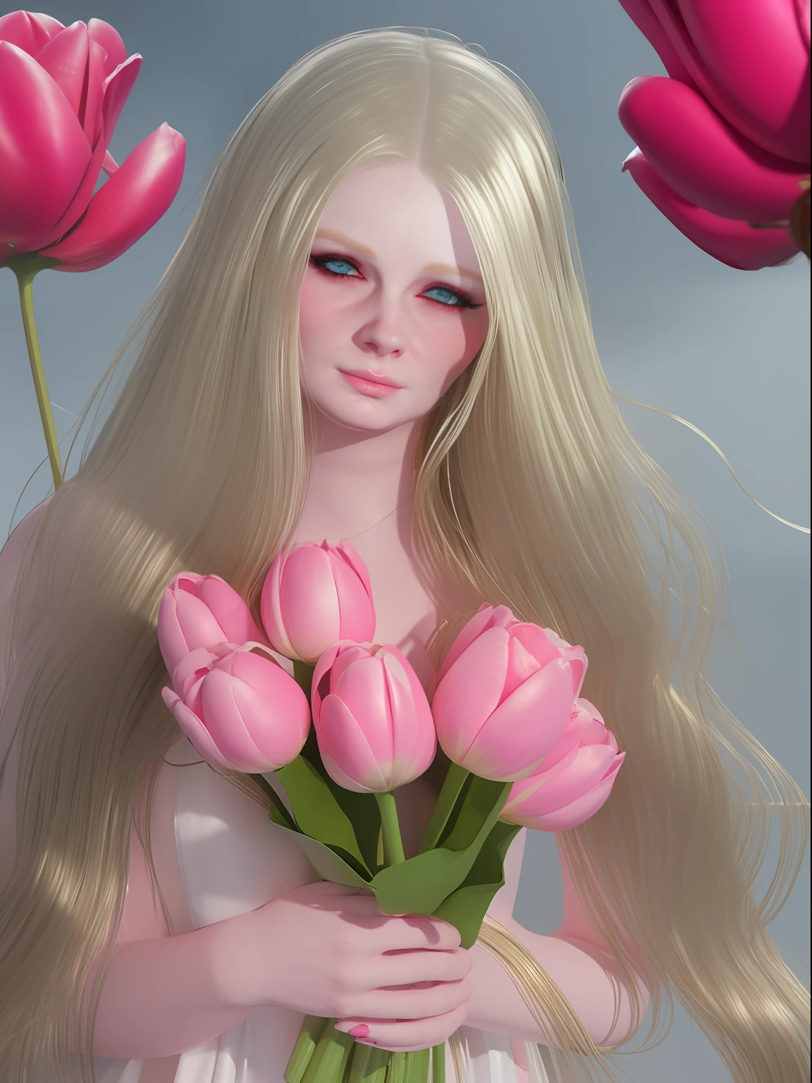 blonde pretty woman , 8k , realistic , pink dress , hold pink tulips bouquet