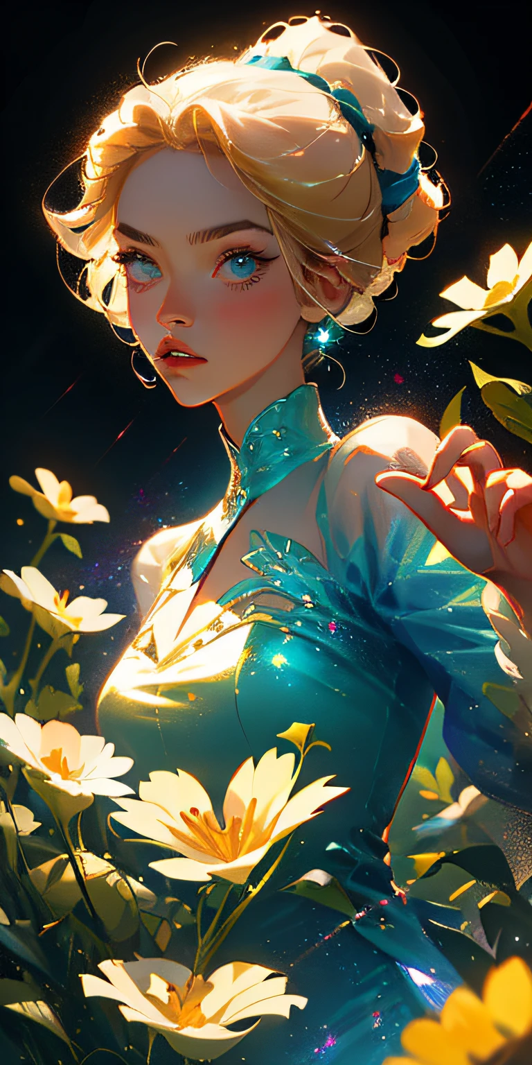 (best quality, masterpiece), 1girl, pose, particle, wind, flower, upper body, simple background, looking at viewer, blonde, galaxy,
