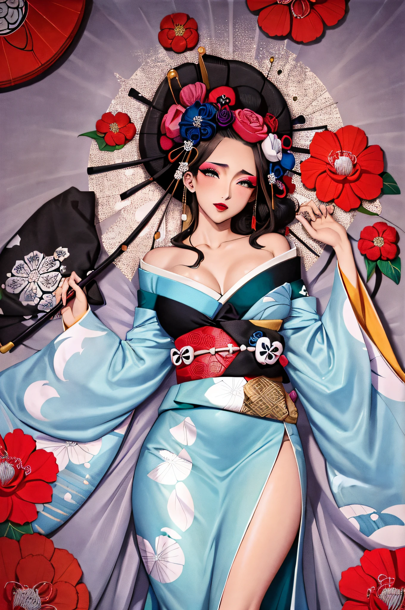 (Masterpiece, Best Quality:1.3), (thick lineart), (faux traditional media), highres, official art, best illustration, (8k resolution), oiran, 1girl, mature female, solo, japanese clothes, from above, breasts, obi, stylish, intricate, fantastic, fairytale, fantasy art, (detailed face), lying on a bed of flowers, on back, (lovely eyes, looking at viewer, lipstick), very long hair, voluminous, low ponytail, depth of field, silhouette, perfect, makeup, lovely, (details:1.2), camellia, various colors, vivid, colorful, shiny, sky, stars, lumen global illumination, (background in the style of Hokusai Katsushika:1.3), water, ripples