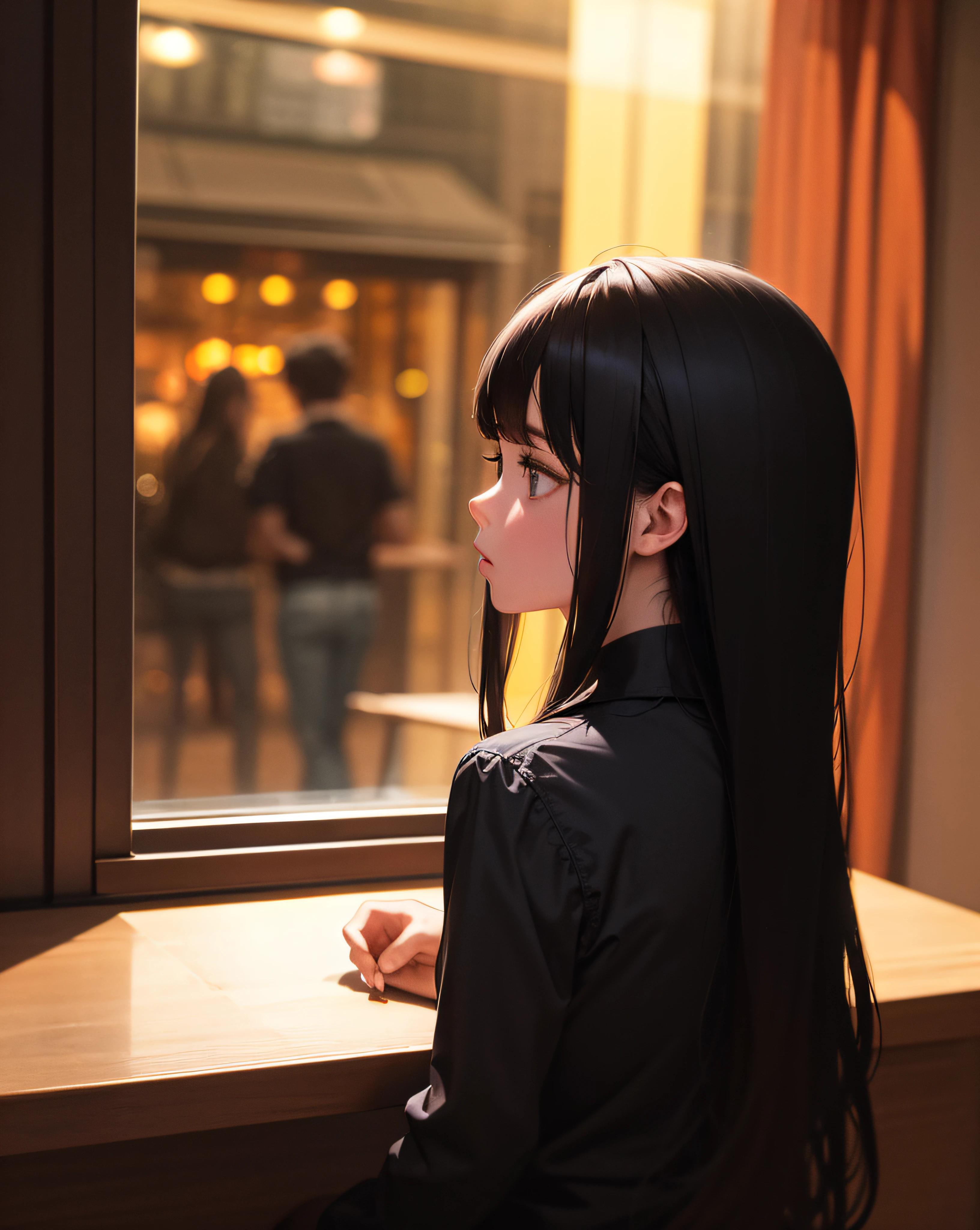 ((masterpiece,best quality,ultra detailed,ultra high res,detailed background)),(night),(distant),chiaroscuro,cafe,indoors,solo focus,pov,(by the window),(arm support),1girl,facing away,black hair,long hair,distracted,sitting,black collared shirt,(looking away),streetspace,neon lights,