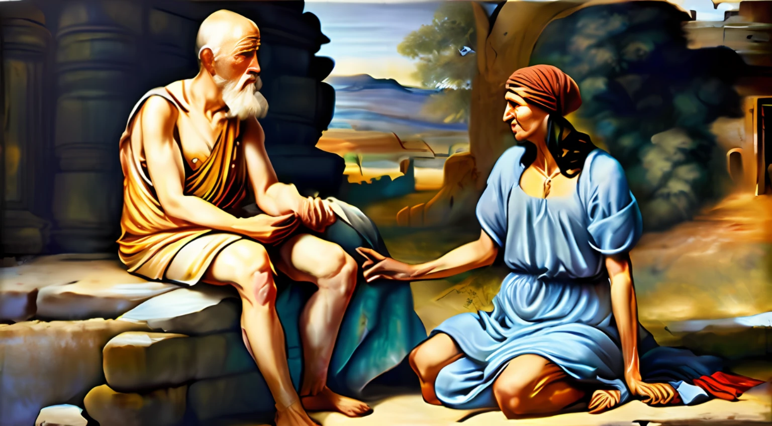 Biblical stories, ((One man conversing with a middle-aged woman))))), Job, ((1st century)), ((Ancient Israel)), wilderness, (skinny old man))))), skinheads, shirtless, white cloth lower body, sick, ((((The whole body is affected by skin diseases))))), itchy, (distressed look))))), sitting, full body,