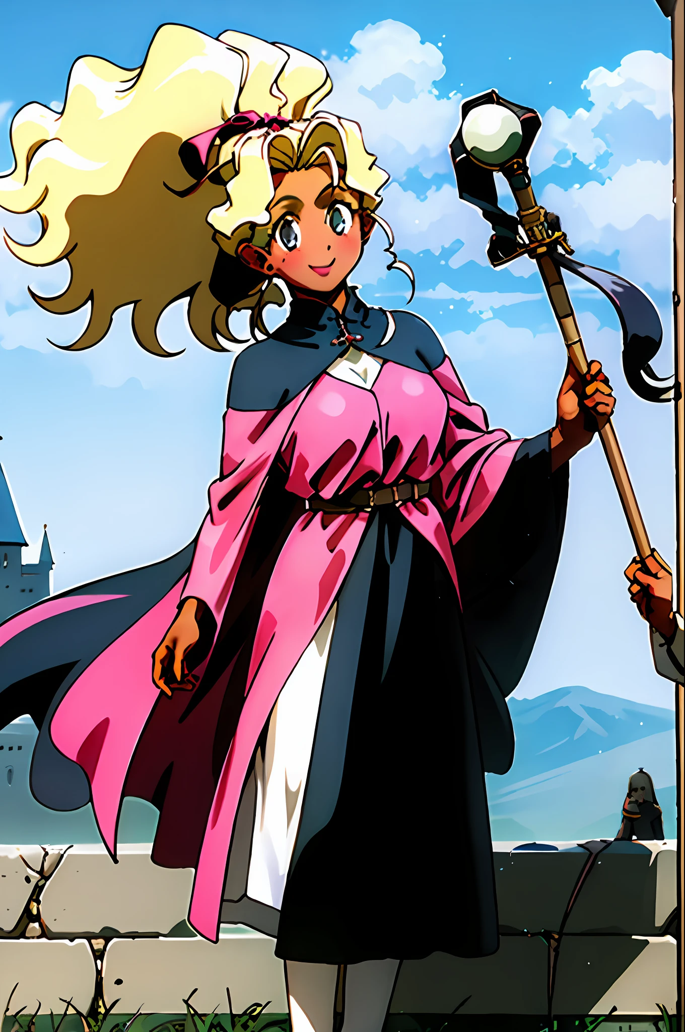 masterpiece, 1girl, kuramitsu mihoshi, blonde hair, dark skin, wizard hat, wizard robes, holding staff, smiling, blush, castle, brick floor, medieval, dust, fog, sunny, clouds