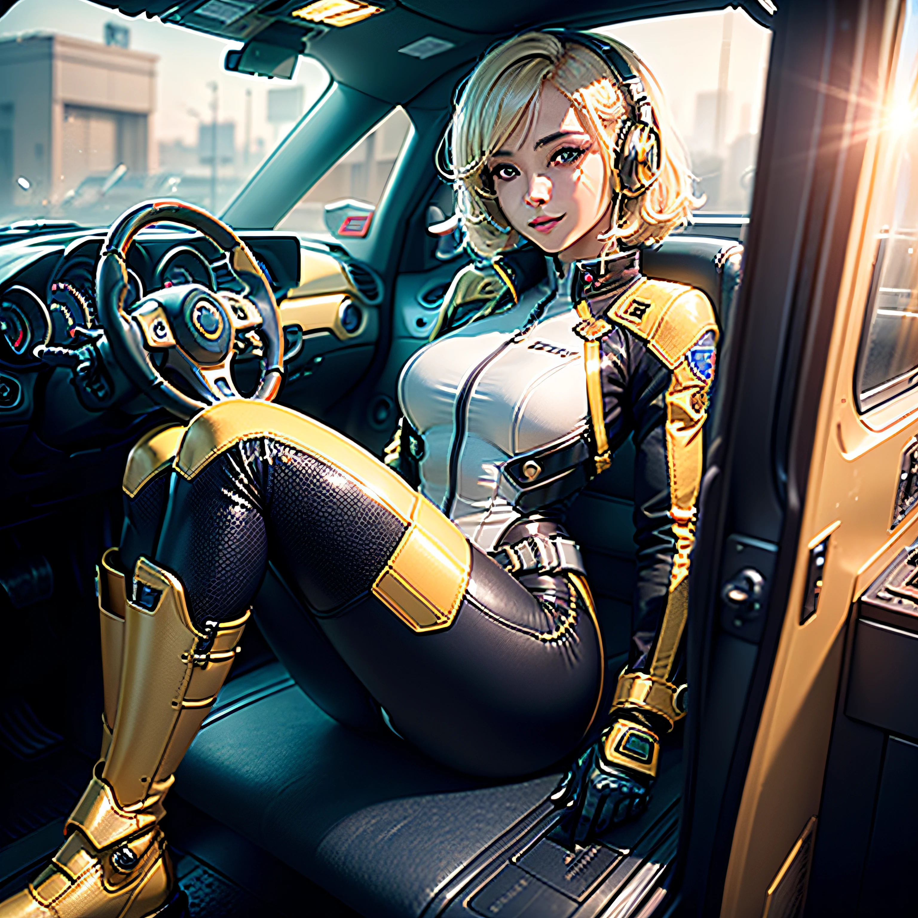 (Masterpiece, highest quality, highest resolution, distinct_image, very elaborate CG, cinematic lighting, ray tracing, drop shadows, detailed detail, (photorealistic: 1.4), high quality textures, fine-grained, realistic face expression): (single girl, face is Japan, blonde girl, short hair, small size breasts, Detailed Gundam cockpit with sparkly blue colored eyes, eye level shots, metallic gold colored flight suits, tight fitting clothes, full-body covering clothes, light smile, beauty, slim body, exoskeleton, heroine, headset, long boots, gloves, solo ride)