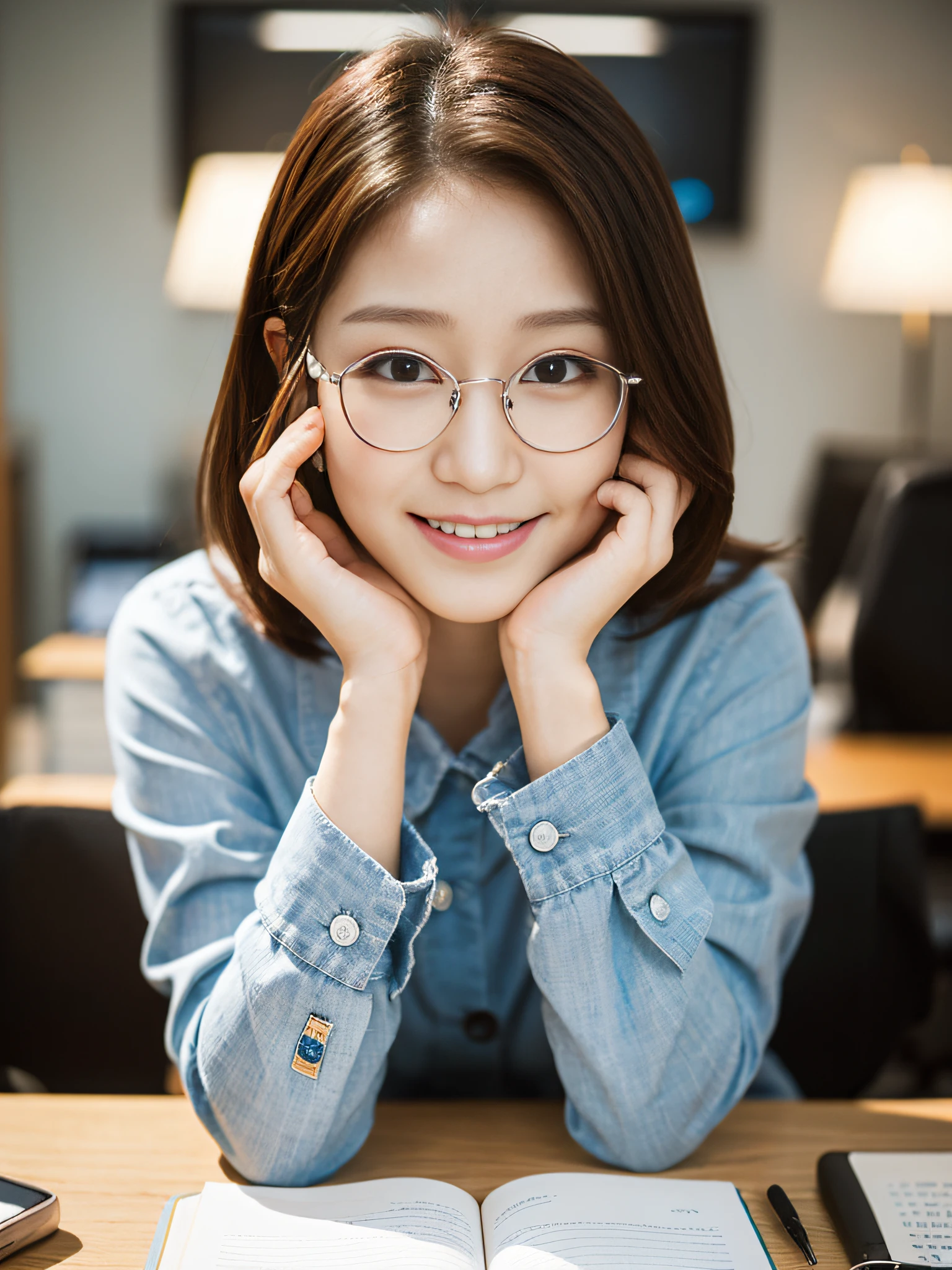 Working at a desk, high quality, ultra-realistic, office lady, makeup, smile, beautiful eyes, beautiful and accurate face, beautiful minion, background is office