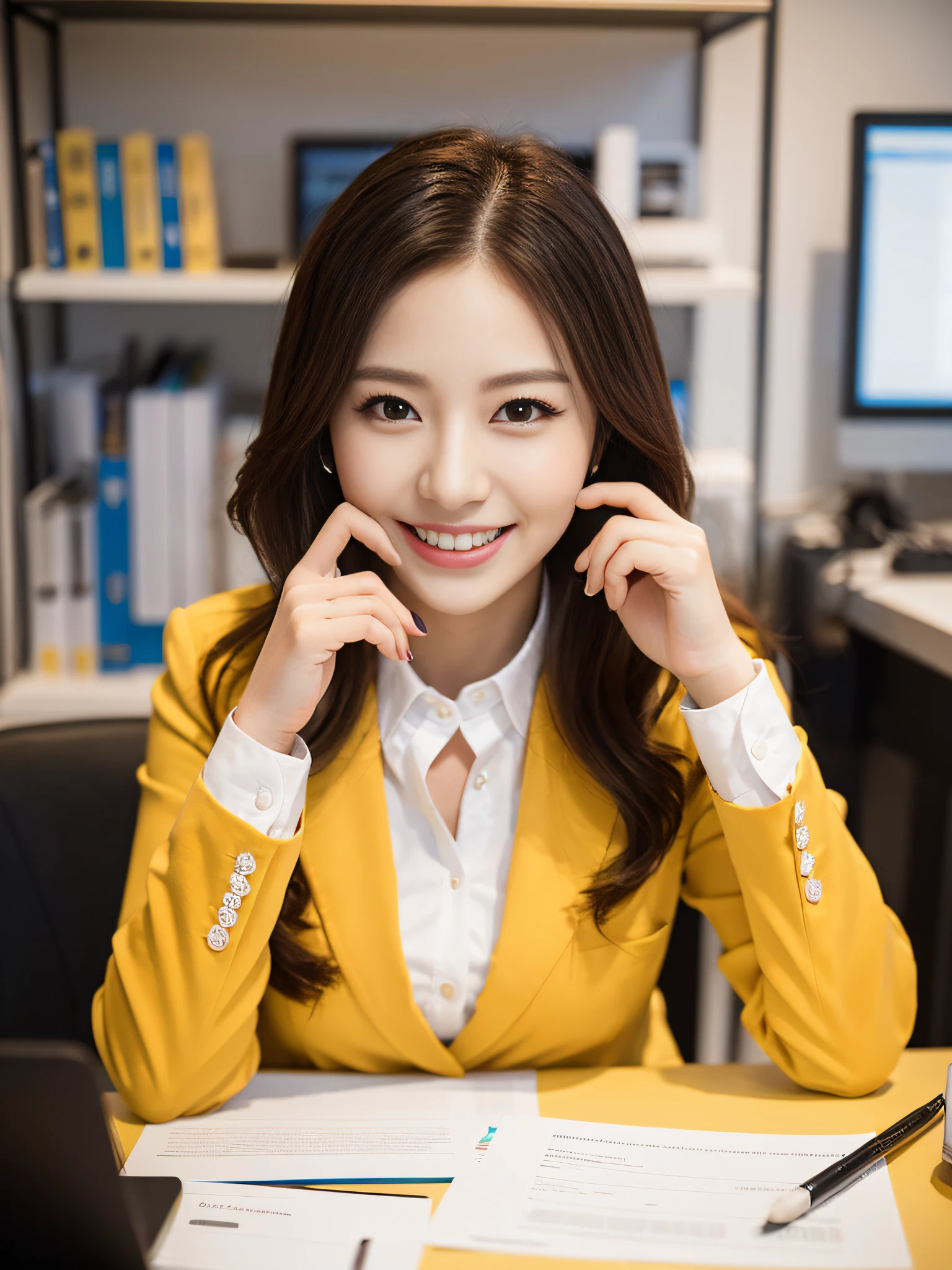 Working at a desk, high quality, ultra-realistic, office lady, makeup, smile, beautiful eyes, beautiful and accurate face, beautiful minion, background is office