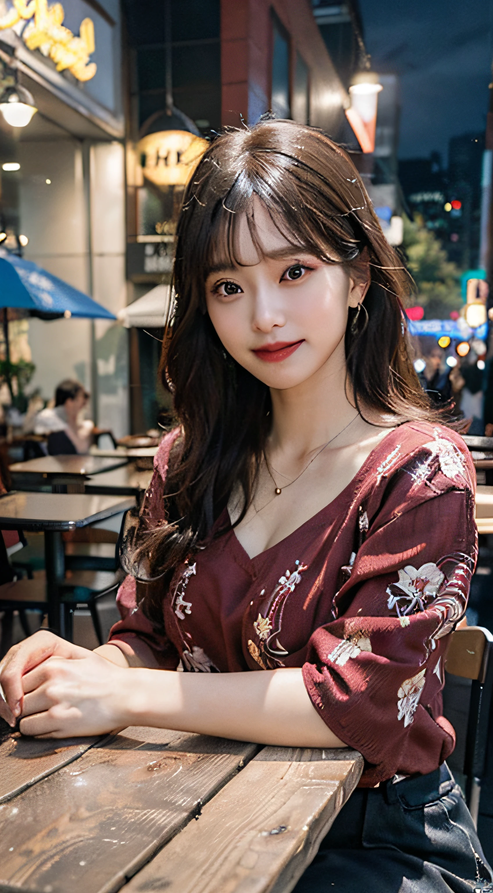 ((Best Quality, 8k, Masterpiece:1.3)), 40k, photography, Perfect Body Beauty:1.4, cinematic lighting, black long hair, straight Bangs, (red batik shirt:1.1) , (in front of cafe:1.2), Highly detailed face and skin texture, Detailed eyes, Double eyelids, whitening skin, perfect face, big breast, looking away, (nighttime), smile, earrings, necklaces, mature women, coffee on table, (a women sitting in front of cafe),