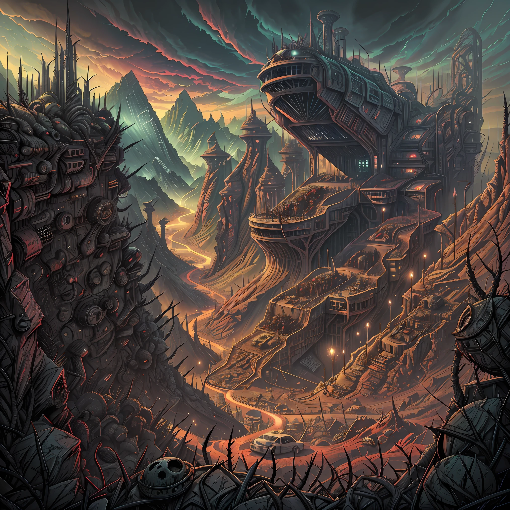 Wide angle, view from the top of the peak, horror art landscape, a valley of biomechanicals structures, futurist horror place, spiked walls, madness, thorns, unreal engine. Horror art, unreal sketch color drawing. Illustration by Dan Seagrave