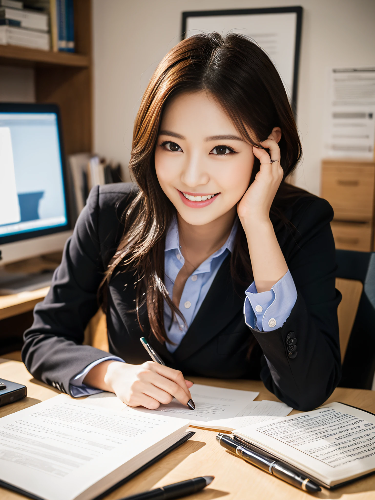 Working at a desk, high quality, ultra-realistic, office lady, makeup, smile, beautiful eyes, beautiful and accurate face, beautiful minion, background is office