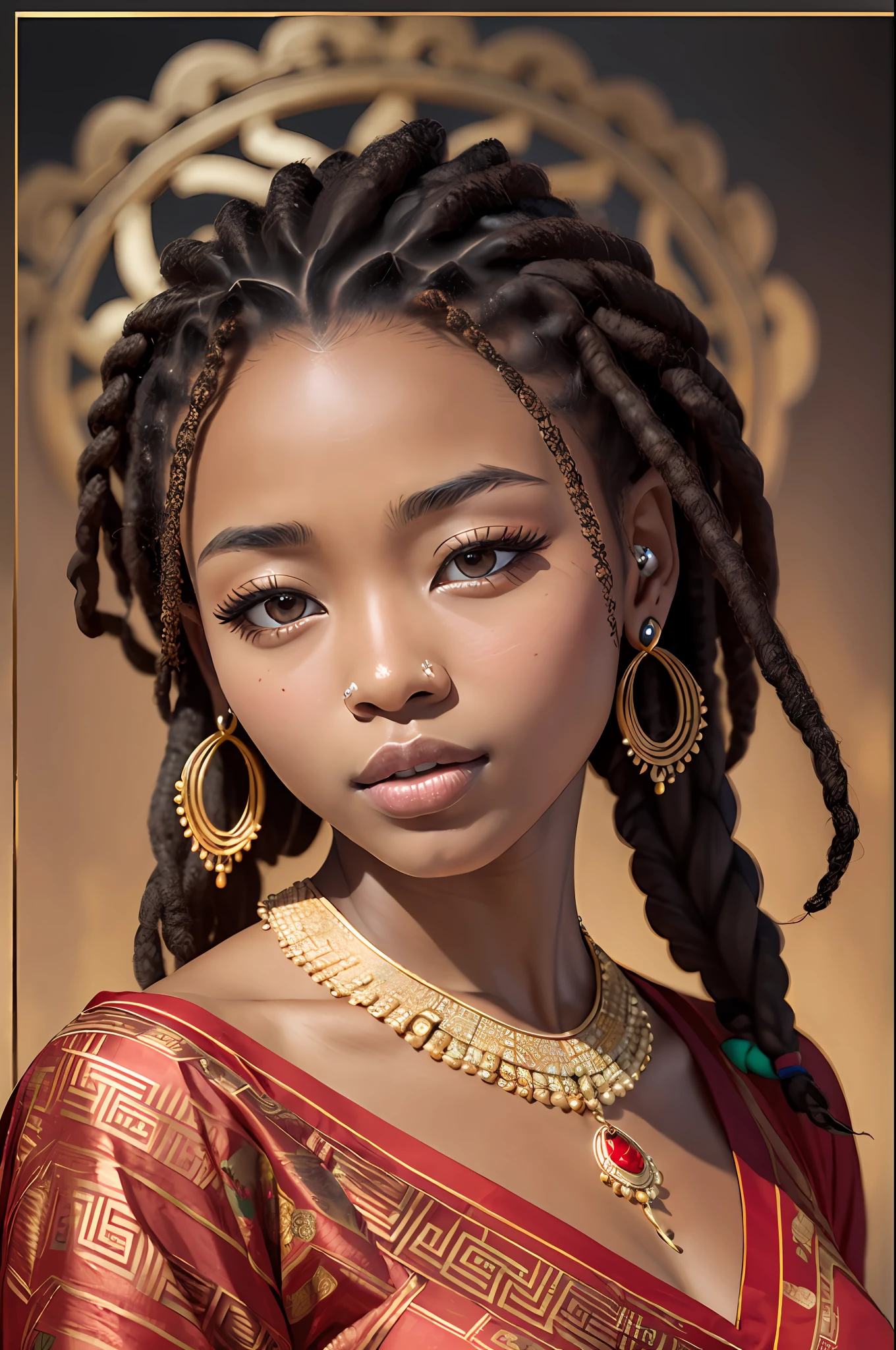 (masterpiece), (4k quality), (detailed), 1girl, African-Asian, Nigerian-Chinese, brown eyes, black hair, short hair, ((dark skin)), monolid eyes, nubian nose shapes, African lips, epicanthal folds, earrings, dreadlocks, braiding hair, red Chinese dress, necklace