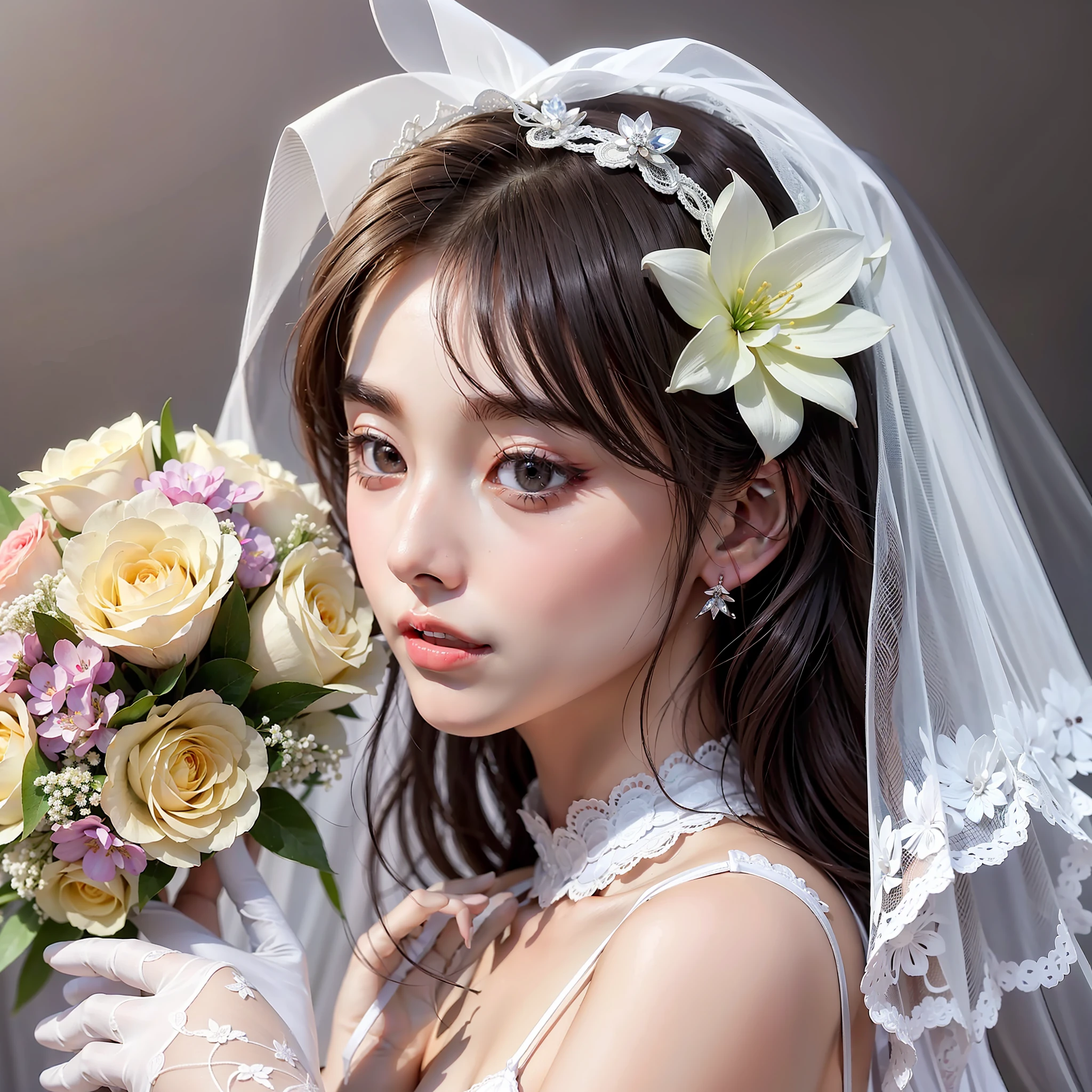 Wedding veil, white lace underwear, detailed and delicate face, dark eyes, small bouquet, white gloves, crystal clear skin, big