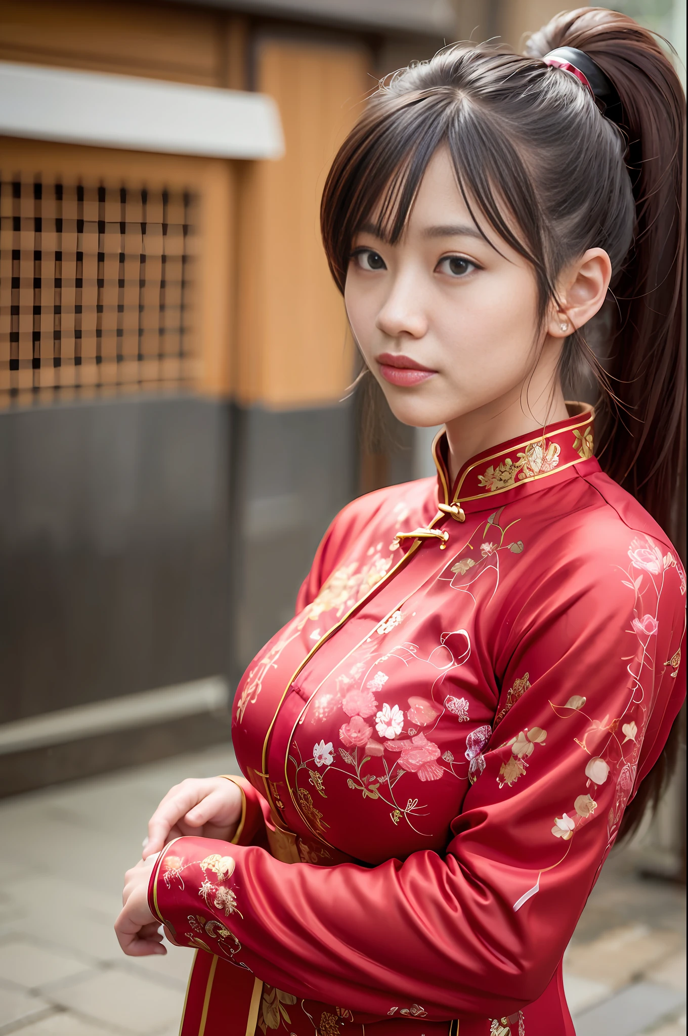 (8K, highest quality, masterpiece: 1.3), (realistic, photorealistic: 1.4), ultra high definition, (ao dai), (red clothes), (japanese female), (high-definition cute face), (huge breasts), brown hair, ponytail hair, professional lighting, (looking back), (closed mouth), blush, smile, head to thigh, upper body