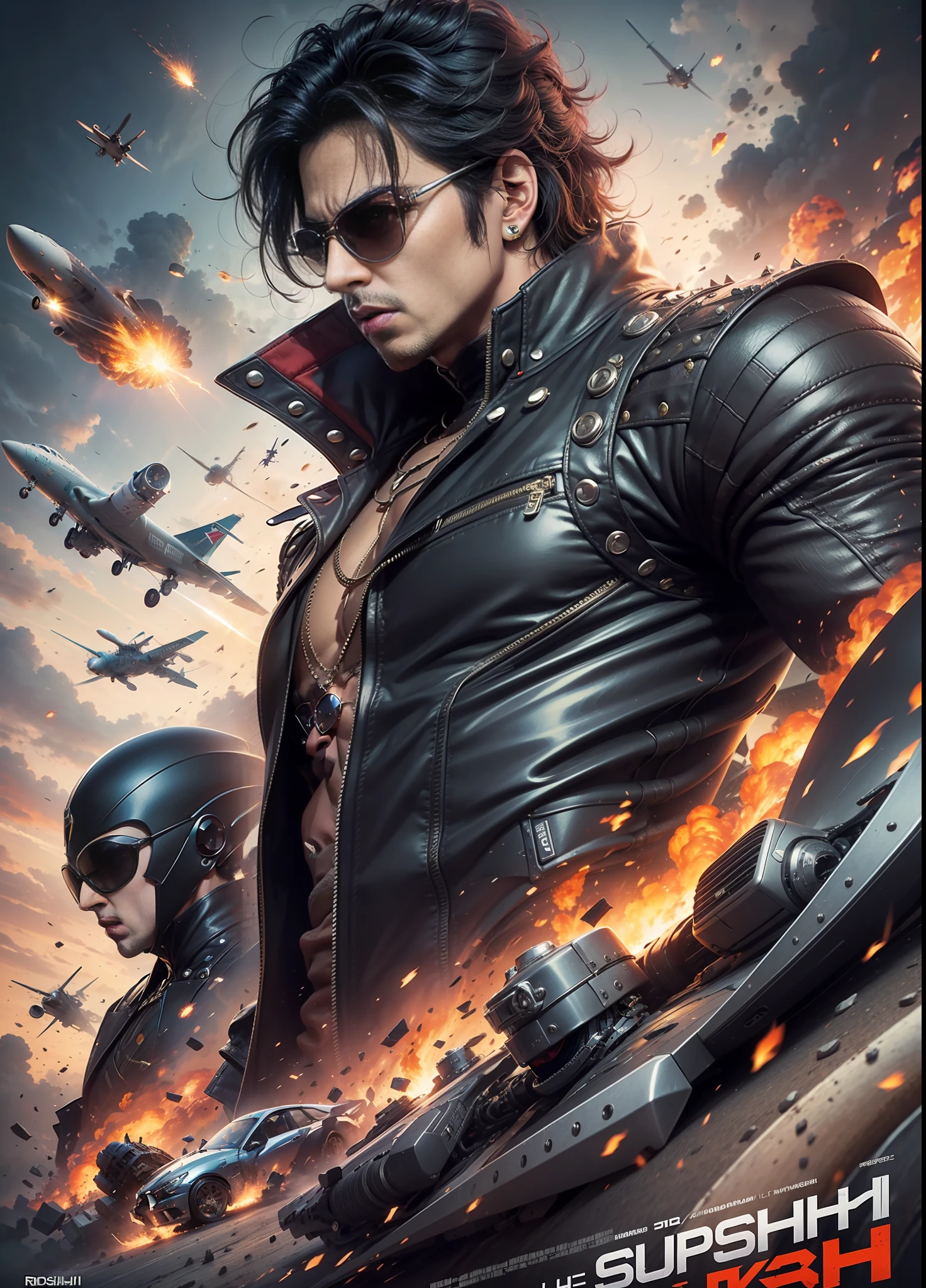 Movie poster krrish, sunglasses, rivets, super car, explosions, guns, cars, planes, one person, full body.