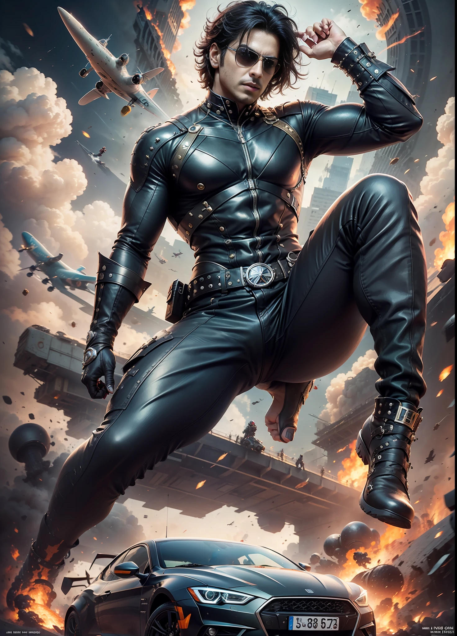 Movie poster krrish, sunglasses, rivets, super car, explosions, guns, cars, planes, one person, full body.