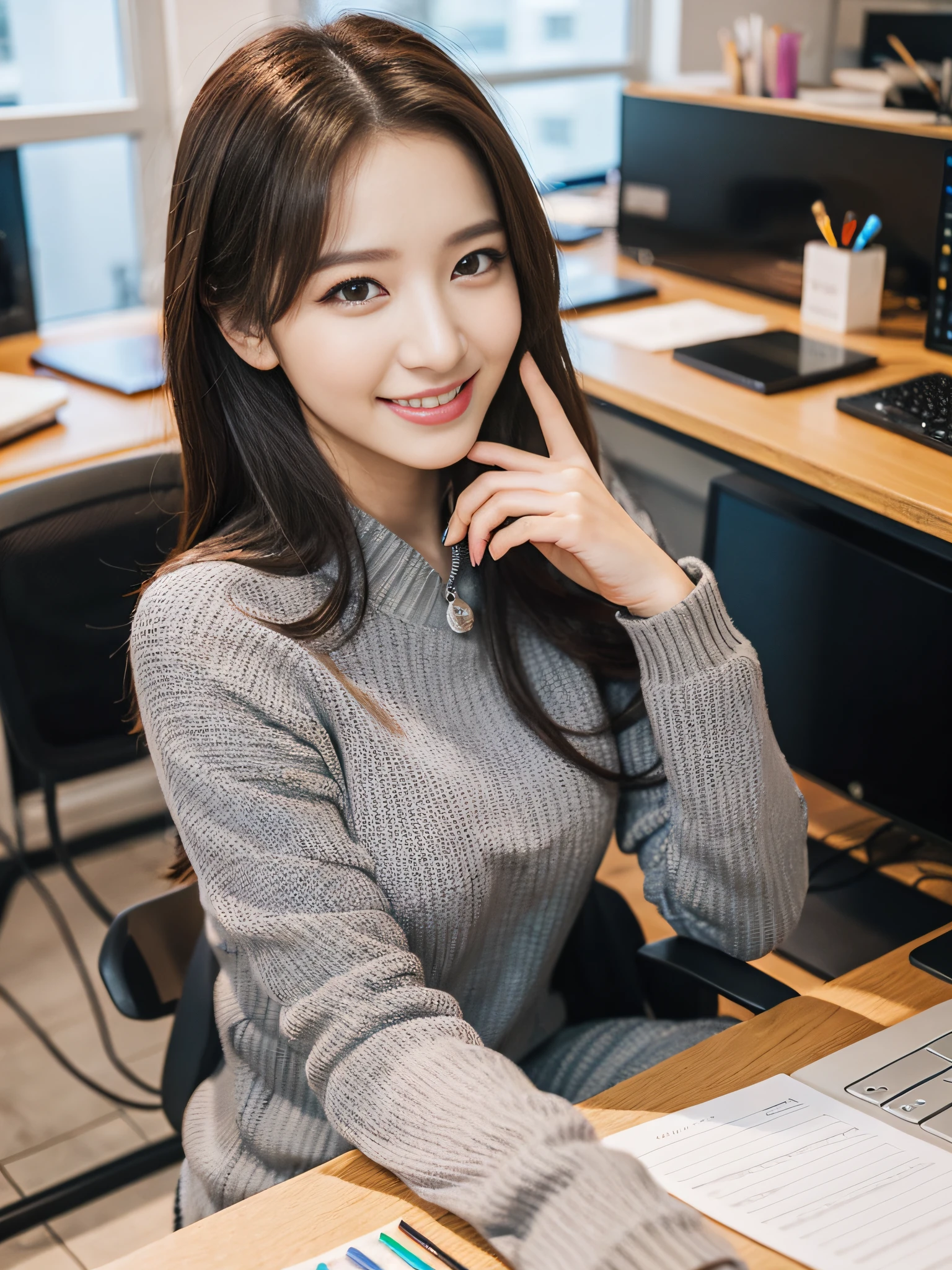 Working at a desk, high quality, ultra-realistic, office lady, makeup, smile, beautiful eyes, beautiful and accurate face, beautiful minion, background is office