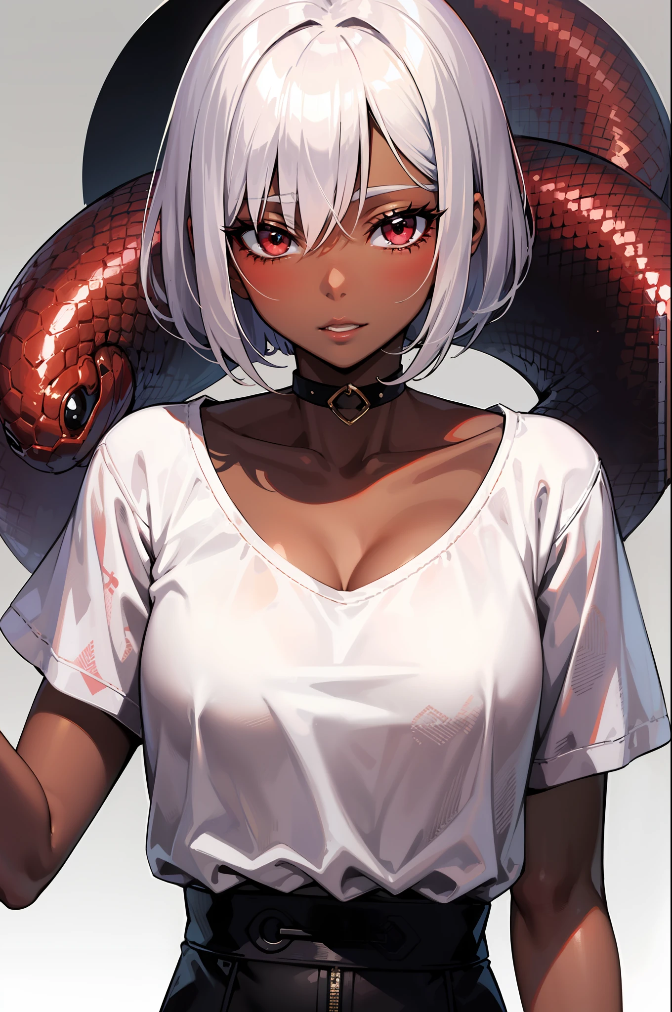 Anime pattern Dark skin tone Red snake eyes Short bob with silver hair Upper body 1 cool woman