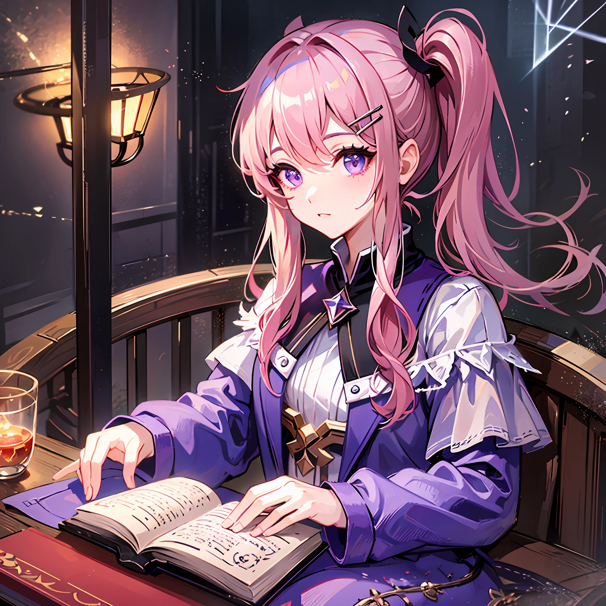 Light dark pink hair, (side ponytail), side ponytail on left, snowflake pattern hairpin, purple detailed eyes, pink beautiful long dress, magic light surrounding, magic book, pentagram, eye condensation, attention to detail, highest quality, little girl, book, avatar