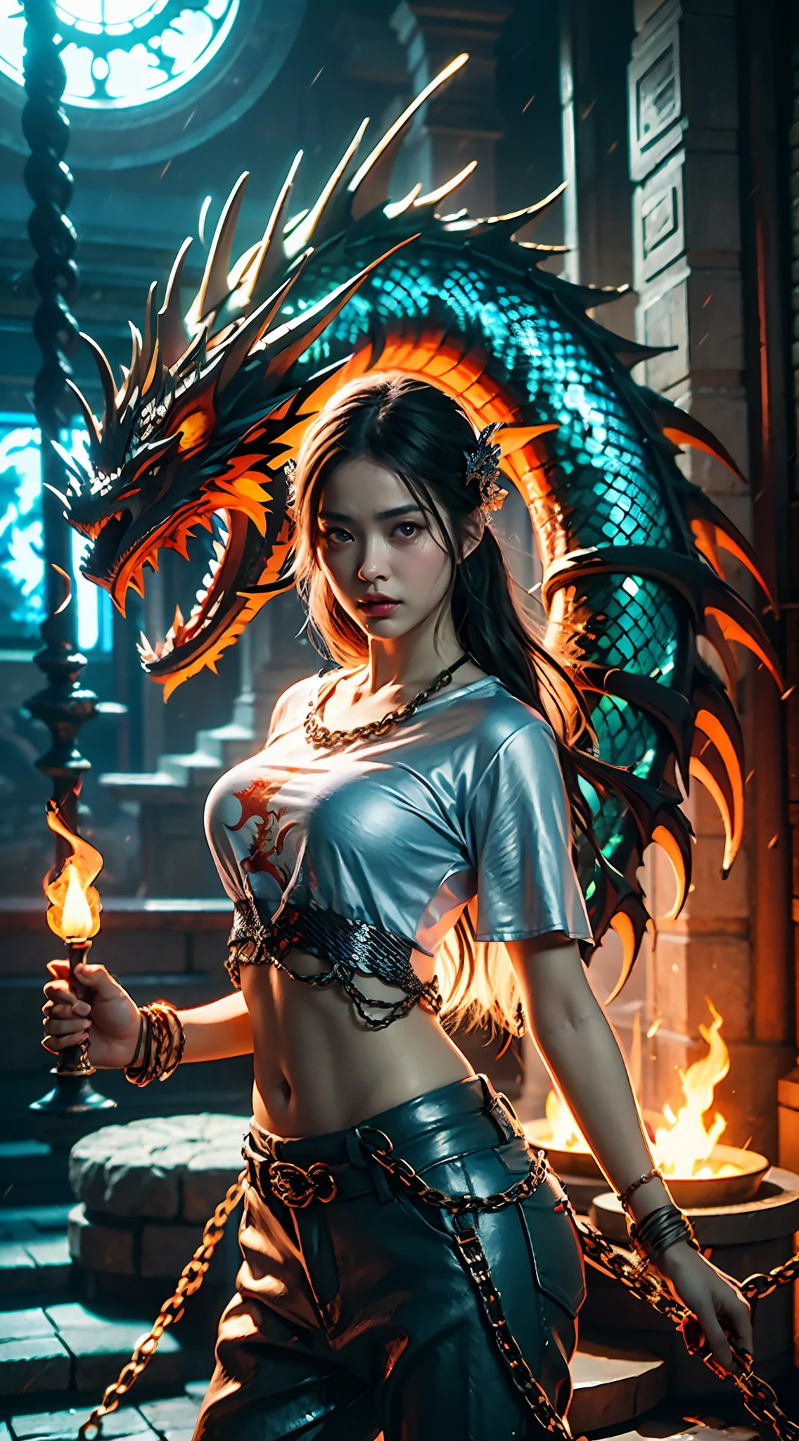 A beautiful girl with a rainbow dragon, ((girl wearing a rainbow top)), (chain mail: 1.4), (trousers: 1.2), (chain mail with dragon scales), long hair, curvaceous, wise, courage, rainbow dragon, scales, horns, flames, wings, dragon claws, dragon protecting the girl, background for ancient forest, mysterious connection, protection, trust, realistic quality, realism, 8k, best quality, masterpiece, cinematic quality, high chiaroscuro, octane rendering
Warming up 
￼
sea