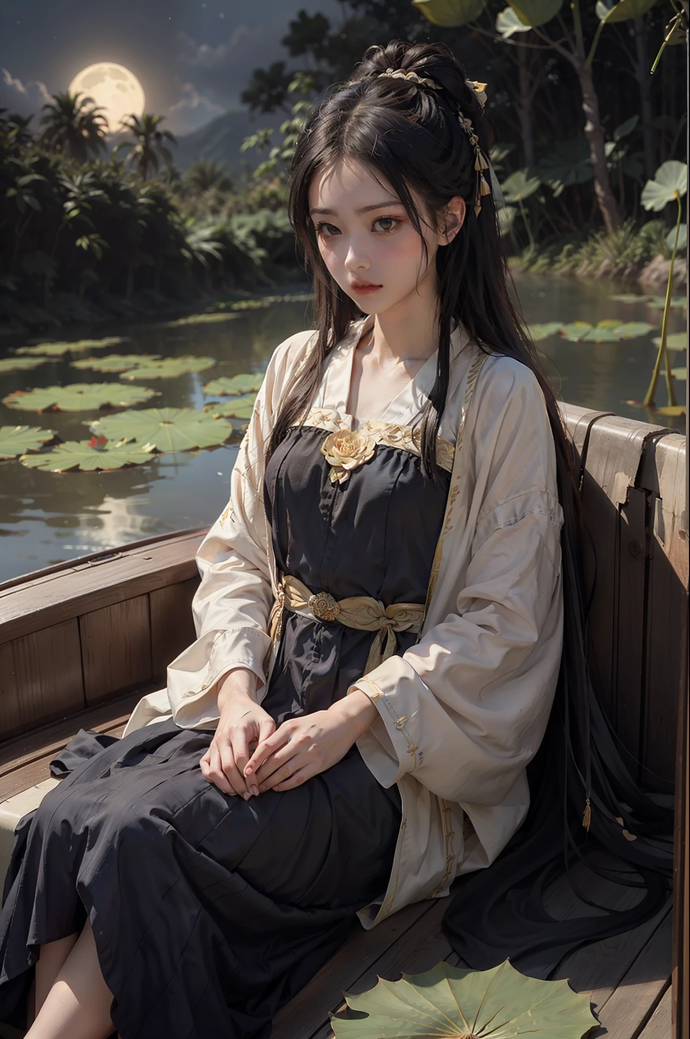 Unity 8k wallpaper, super detailed, aesthetics, masterpiece, best quality, realistic and masterpiece, best quality, official art, 8k wallpaper, very detailed, illustration, dark tones, night, lots of falling flowers, withered lotus lotus leaves, lotus flowers, small moon, small loft, (1 girl, unfolded hanfu long dress, sitting on a boat, drunken expression, black hair, long hair, fine eyes), BREAK, (background: the river is full of lotus leaves, A lot of lotus leaves: 1.3, a lot of withered lotuses: 1.3, clouds in the black sky), a lot of lotus leaves, a lot of lotus flowers, withered lotus flowers
