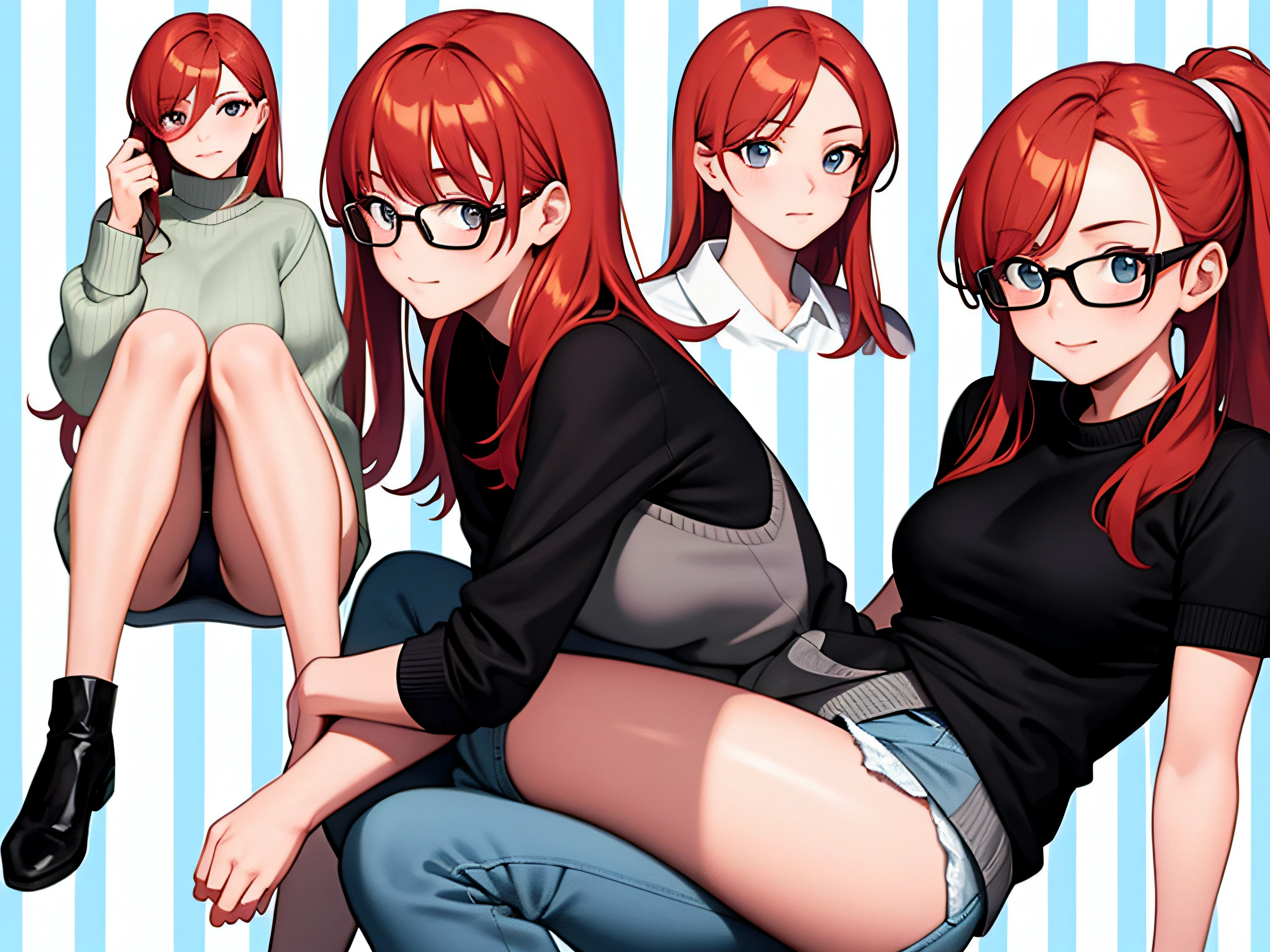 In the style of Kidmo, digital art illustration on a striped background, of a redhead young woman, wearing glasses, She is trying to hide a smile, Sassy expression on her face, bemused expression, head and upper torso portrait, include arms and hand, illustration style, she has freclkes, she is wearing a sweater, she is not wearing anything to cover her legs but she is still using her underwear