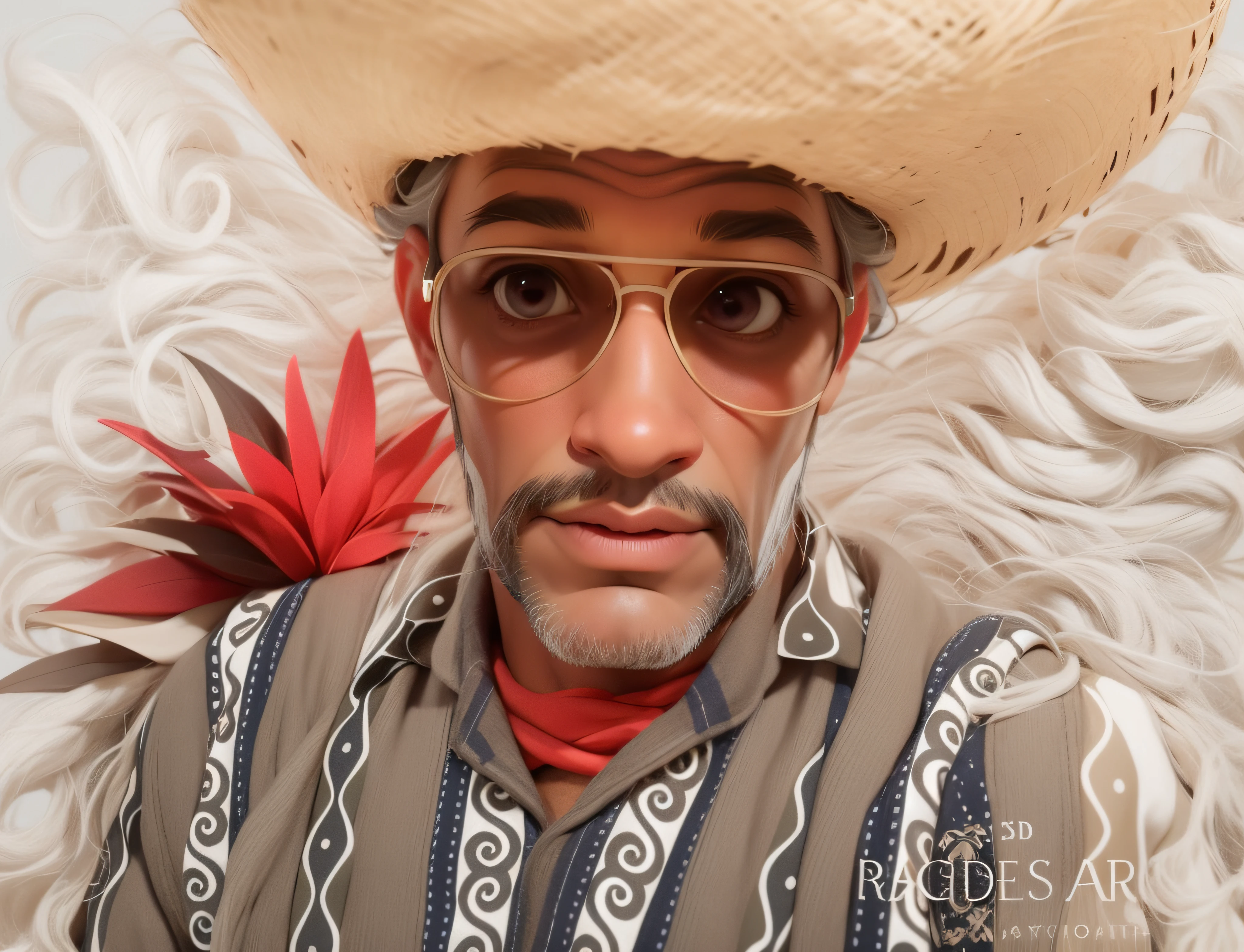 Lord of approximately 65 years gray hair, dark brunette,((Dark skin)), straw hat on head, sunglasses, masterpiece, best quality, 3d rending work, 3DMM style, close-up, portrait, 3D, realistic, upper body, radio studio background, looking away, light brown eyes,white beard, fleshy lips, striped shirt green colors, white. ((all-white background)).