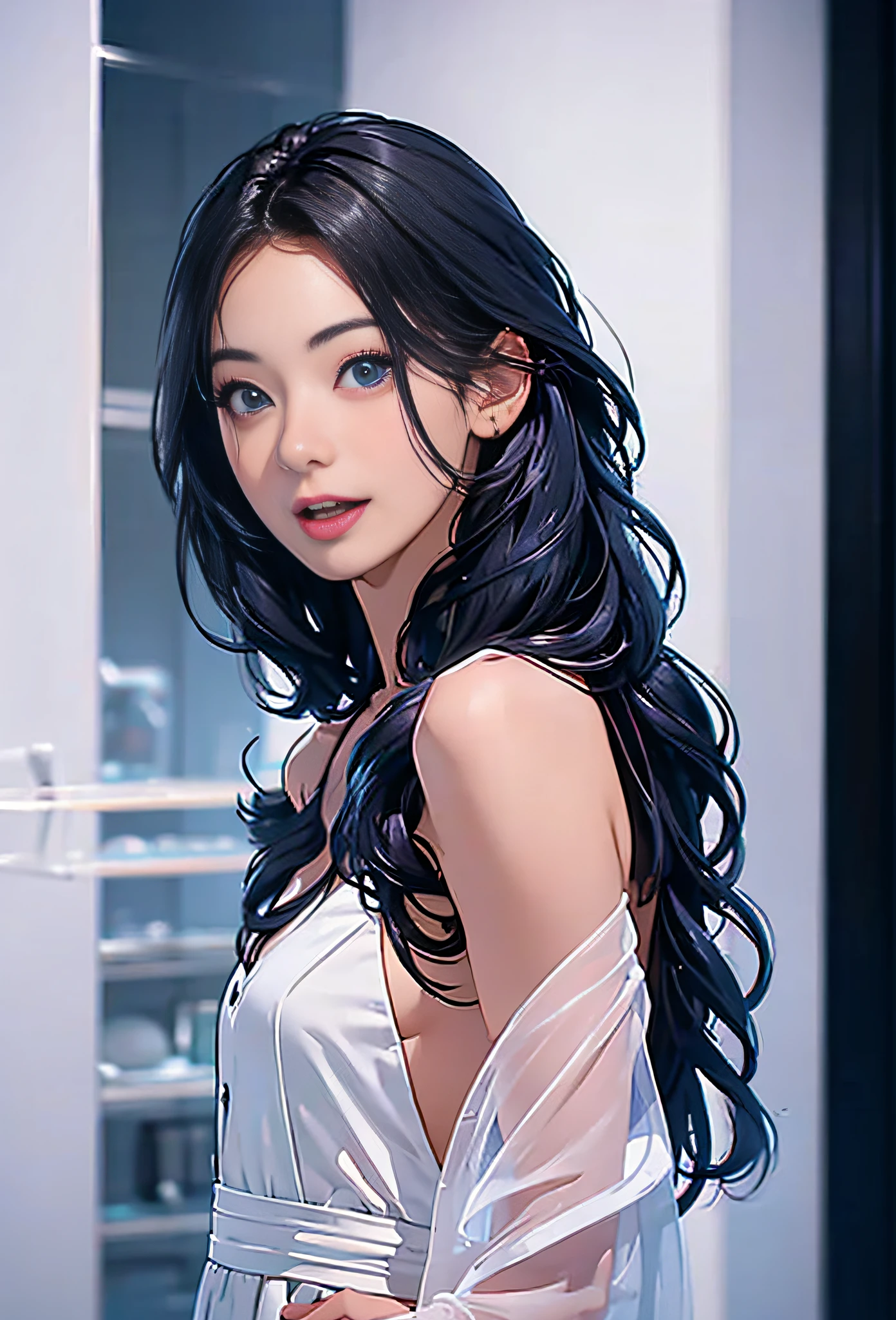 (8k, best quality, masterpiece: 1.2), (realistic, realistic:1.37), super detailed, 1 girl, cute, solo, standing, midnight, beautiful detailed sky, detailed café, (nose red), (smile: 1.15), (open mouth) small breasts, beautiful delicate eyes, flowing hair NovaFrogStyle, backless outfit, thighs