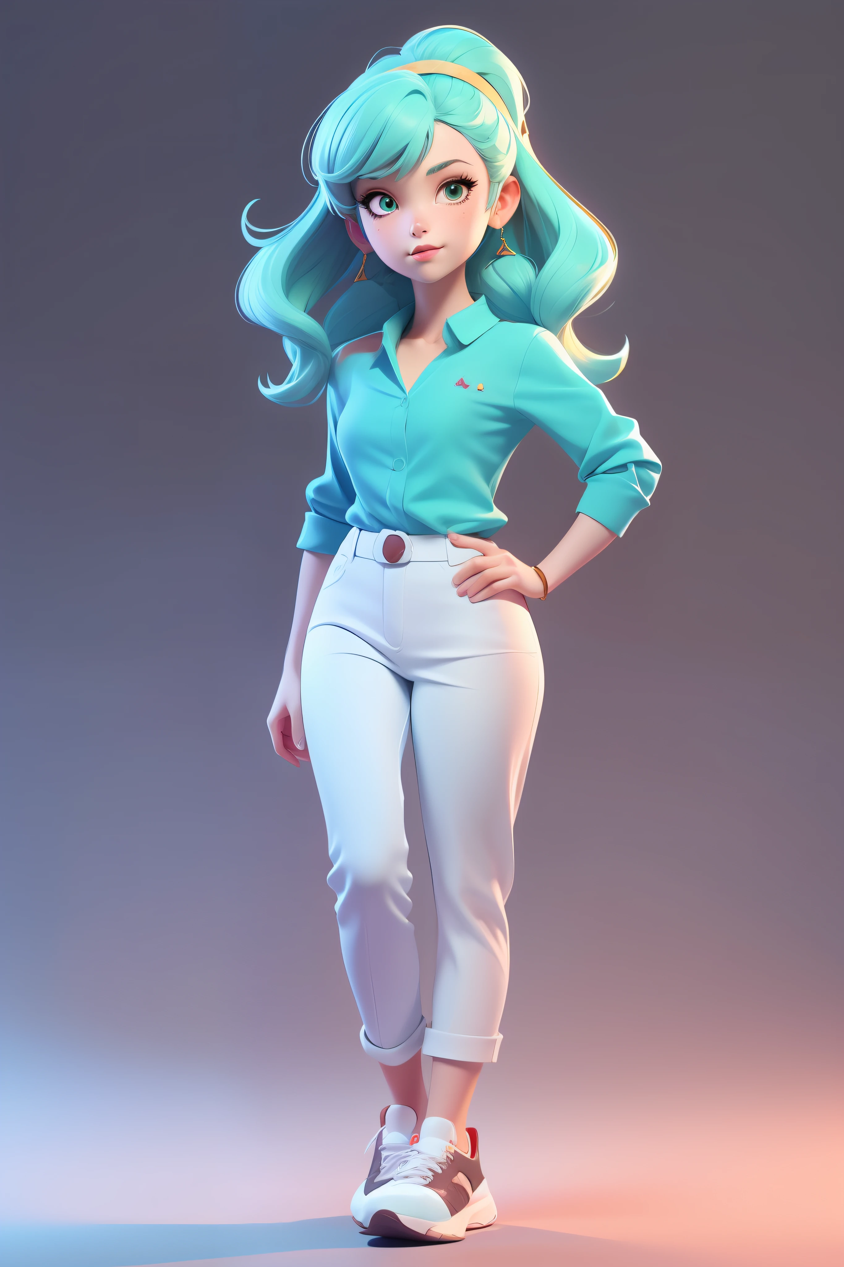 lora:3dcharacter-000004:0.6:MIDD>, 3dcharacter,\Olivia (Fire Emblem)\,(full body:1.2),simple background, masterpiece,best quality,(light Maroon gradient background:1.1), Green , (turquoise shirt:1.1) , (White trousers:1.1),shoes