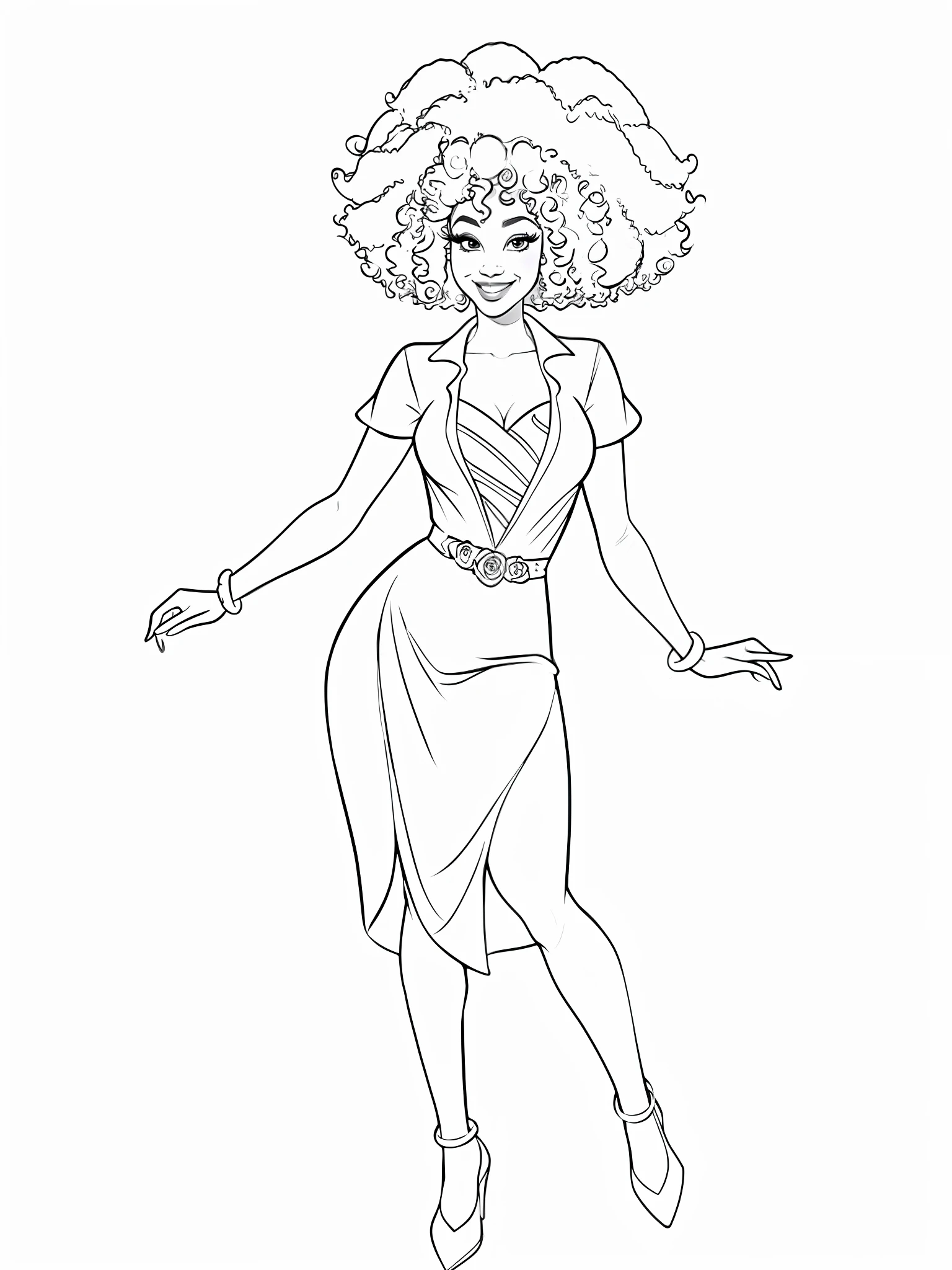 (Contour drawing of an African woman posing for photo smiling (curly afro hair) full body, linear, outlines, perfect for the page of a coloring book, (disney art style), white background bridal dress with bouquet with various roses