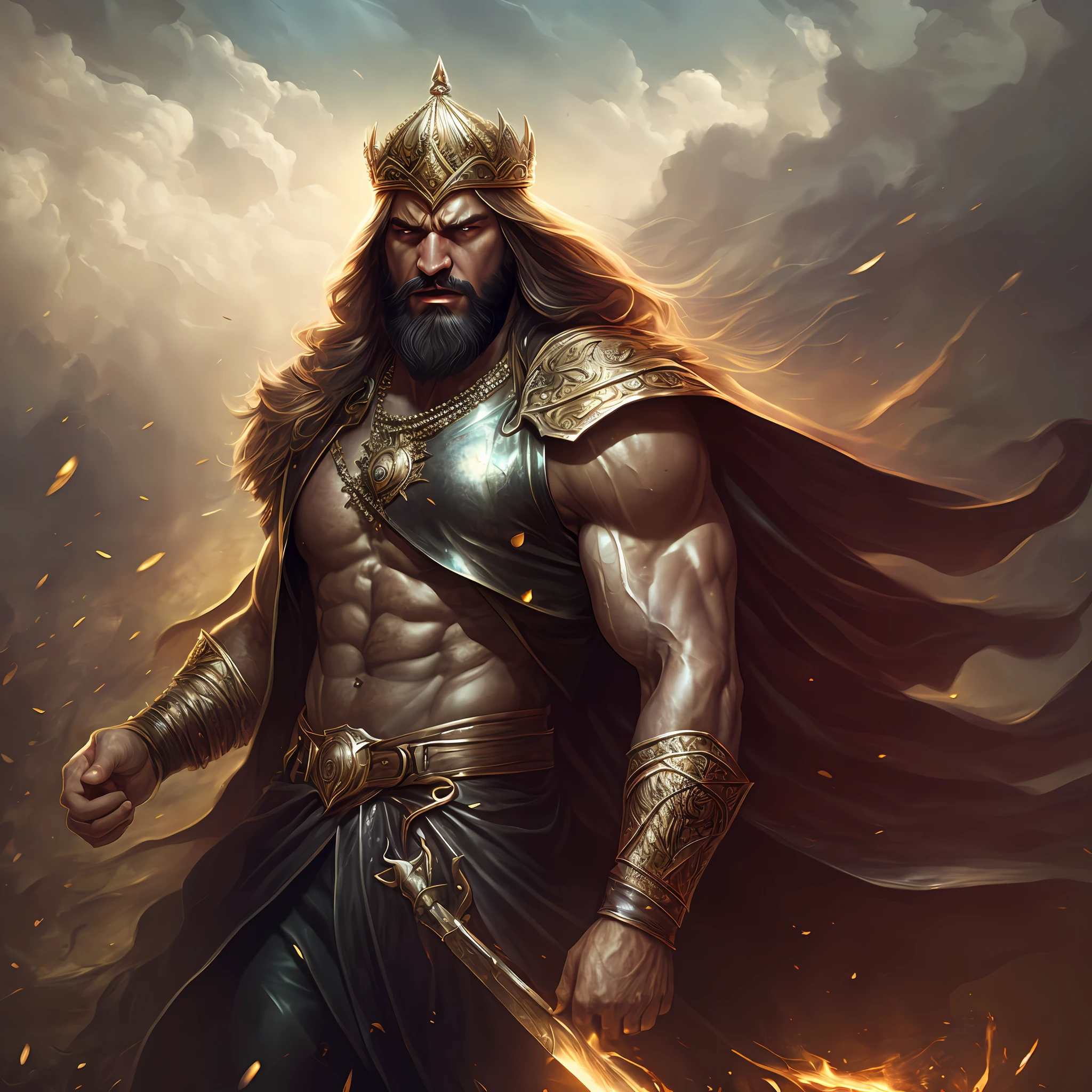 A man like Persian king Darius the Great, long black beard like Achaemenid Persian soldiers, very muscular body, long black hair, two big black wings, iron scepter in hand, angry and angry, like God, like Persian king Darius, his face like super villain , the weather is stormy and rainy, he looks at the sky, high qualityoTry photo of the most beautiful artwork in the world featuring a soft and lustrous male hero, ((epic heroic fantasy, muscular men, stout, wounded hero, angry look with long hair and long beard and fierce appearance in a dynamic posture, fantastic location, majestic cluttered environment)), full body 8k unit rendering, action photo, skin pores, Very dark lighting, heavy shadows, detailed and detailed face, (vibrant, realistic photo, realistic, dramatic, dark, sharp focus, 8K), (weather-damaged old and worn leather clothing: 1.4), (intricate: 1.4), decadent, (highly detailed: 1.4), digital painting, octane rendering, artstation, concept art, smooth, sharp focus, illustration, art by Artgerm, (Loish: 0.23), Wlop Ilya Kuvshinov, and Greg Rutkowski and Alphonse Mucha Gracias, (global lighting, studio light, volumetric light), heavy rain, floating particles --auto