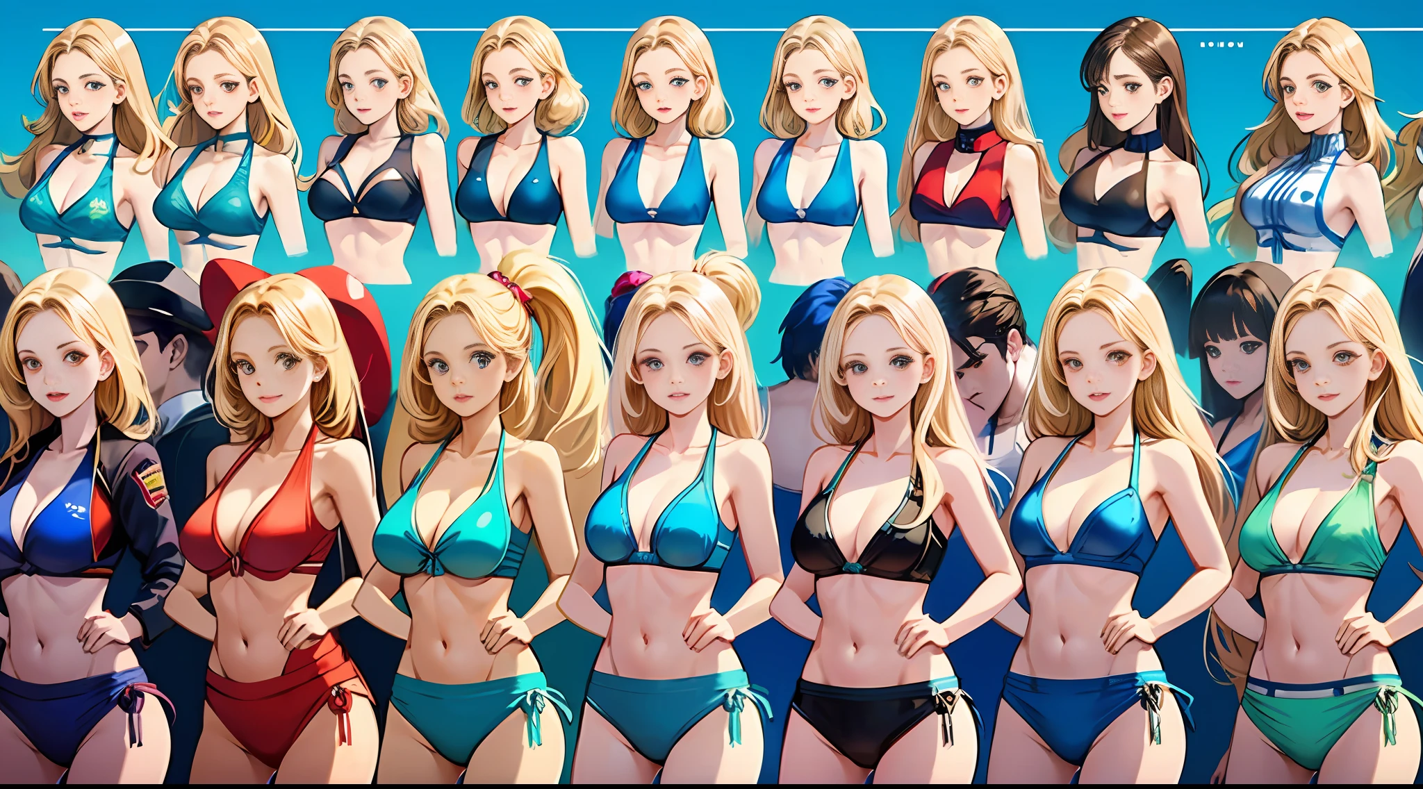 Thousands of identical bikini babes, +100girls, blonde hair, identical sisters, clones, only girls, girls standing in formation, girls standing in many neat rows, girls standing in front of viewer, matching hairstyles, blue bikini swimsuits, matching outfits, matching bikinis, identical bikinis, matching faces, crowd shot