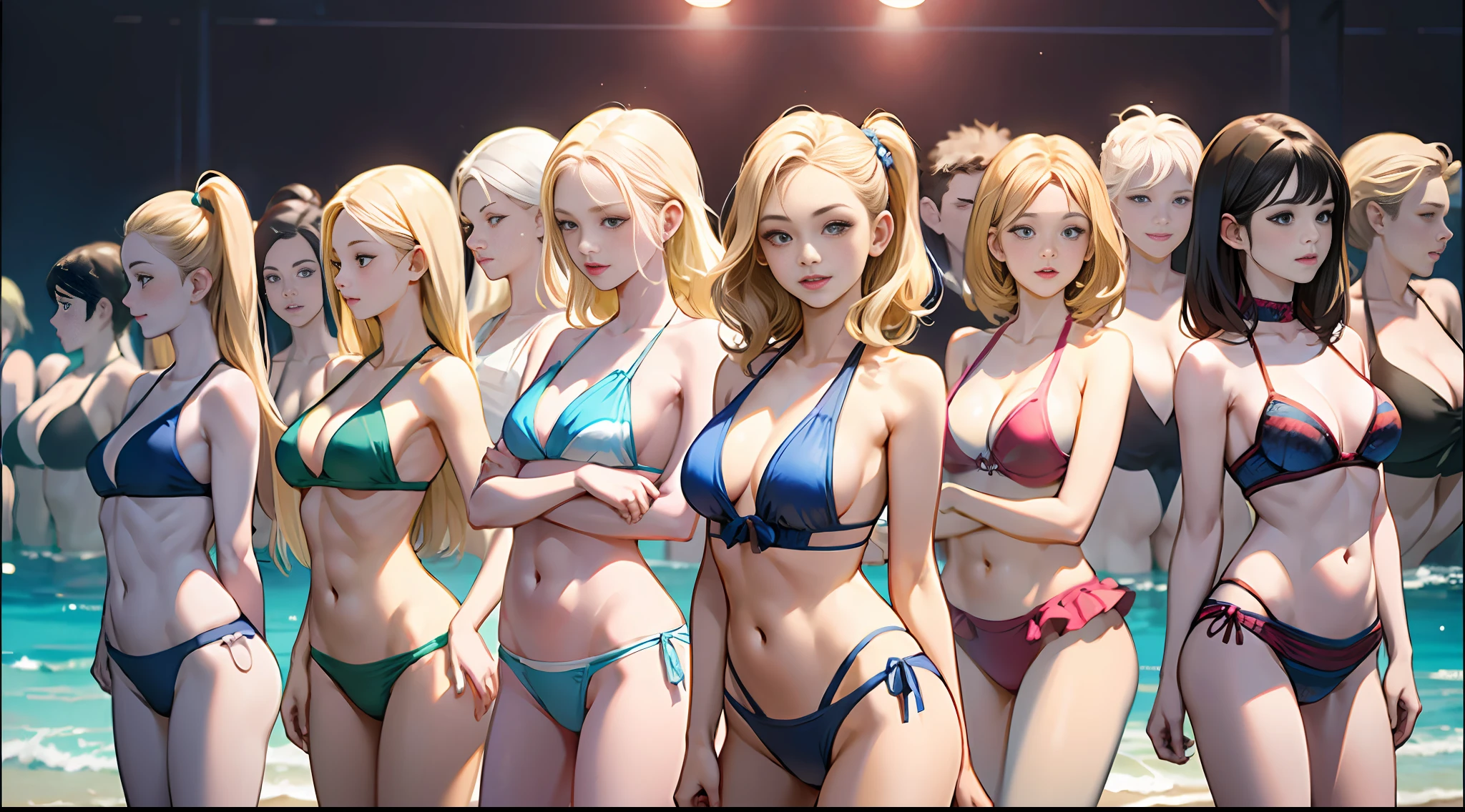 Thousands of identical bikini babes, +100girls, blonde hair, identical sisters, clones, only girls, girls standing in formation, girls standing in many neat rows, girls standing in front of viewer, matching hairstyles, blue bikini swimsuits, matching outfits, matching bikinis, identical bikinis, matching faces, crowd shot