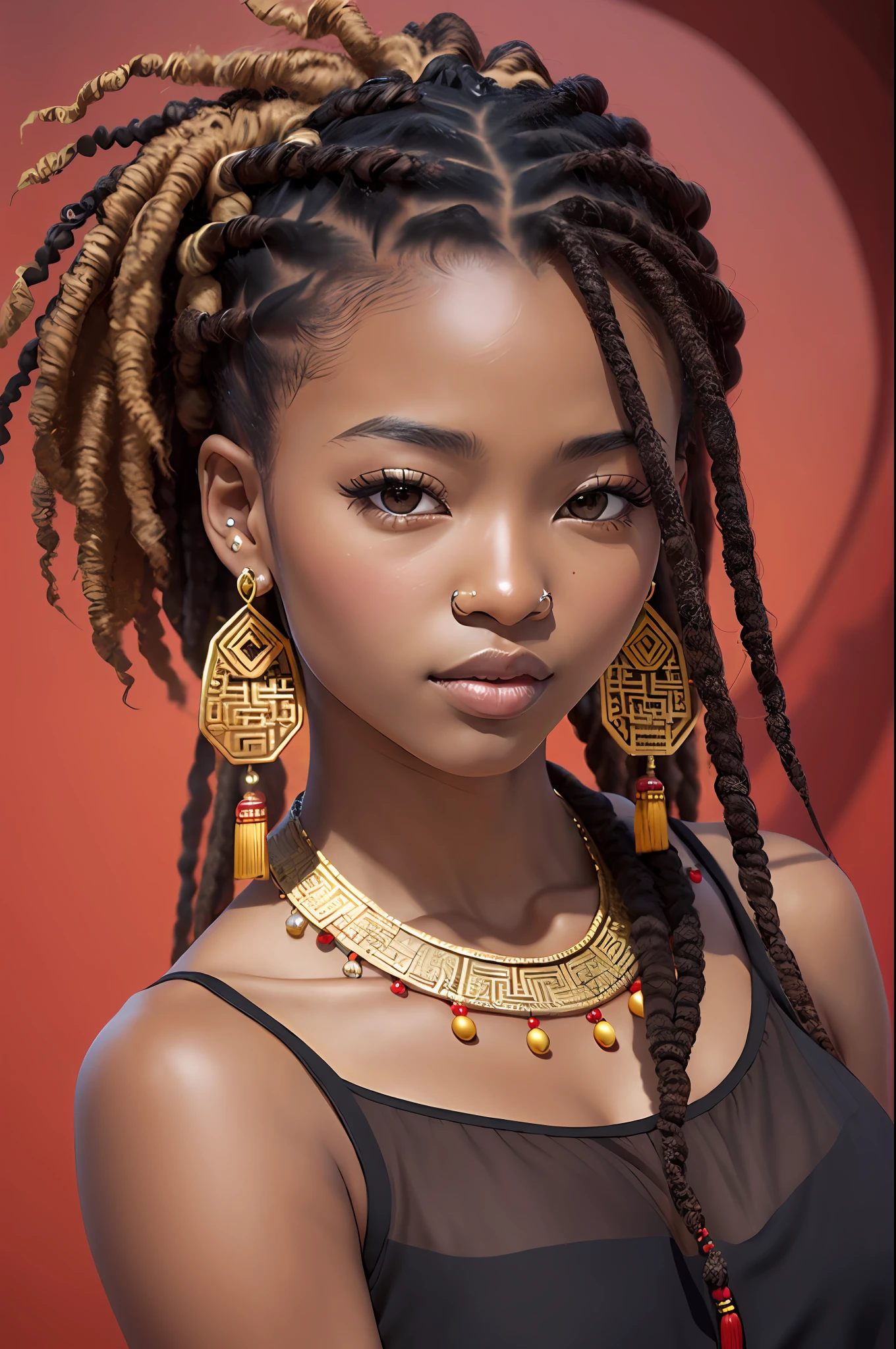 (masterpiece), (4k quality), (detailed), 1girl, African-Asian, Nigerian-Chinese, brown eyes, black hair, short hair, ((dark skin)), monolid eyes, nubian nose shapes, African lips, epicanthal folds, earrings, dreadlocks, braiding hair, red Chinese dress, necklace